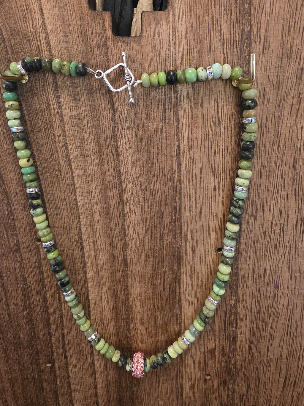 Vintage Green Opal Rondelle Necklace 18" Pink Crystal Statement