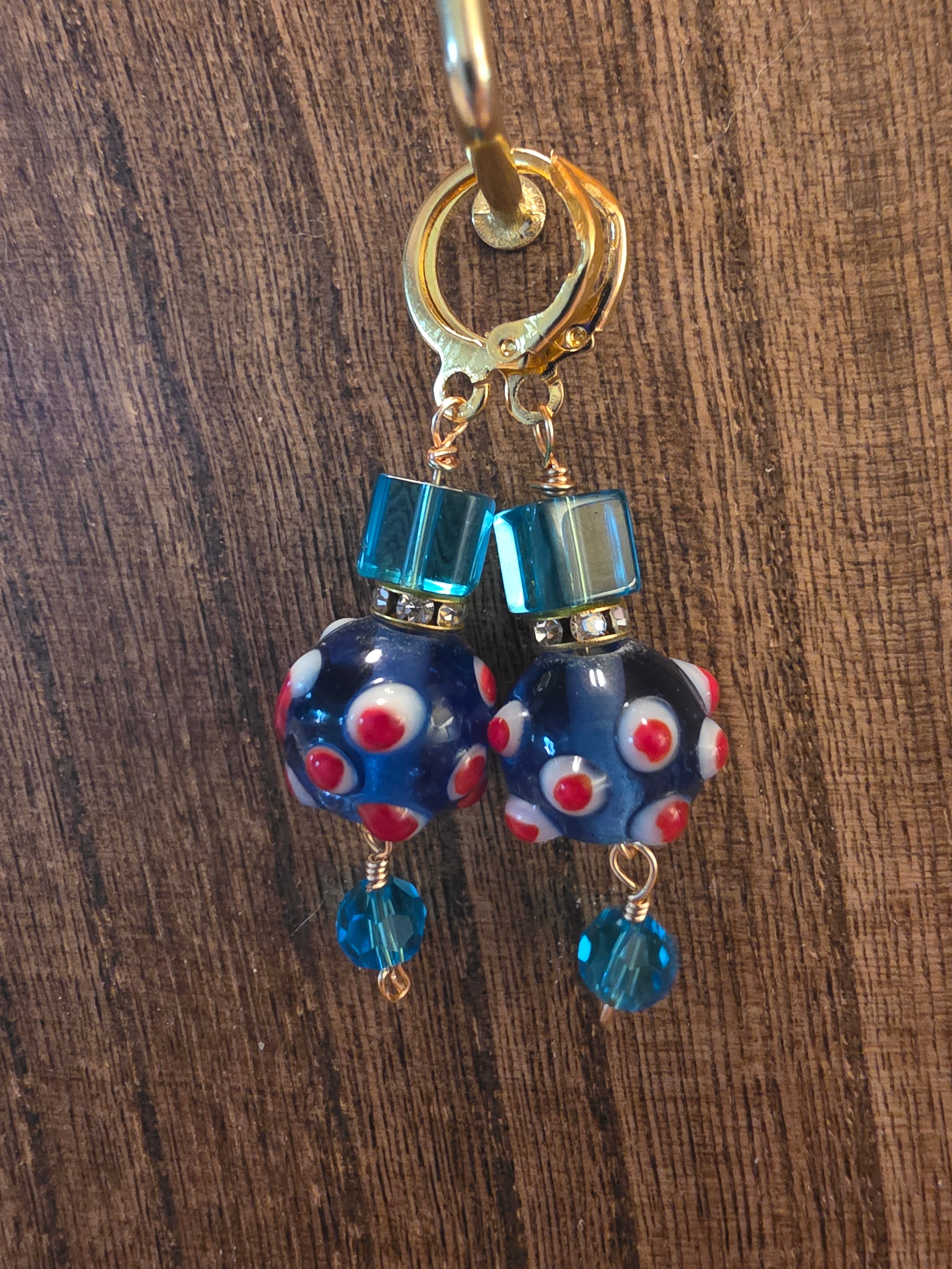 Vibrant Artisan Blue Red Lampwork Glass Dangle Earrings