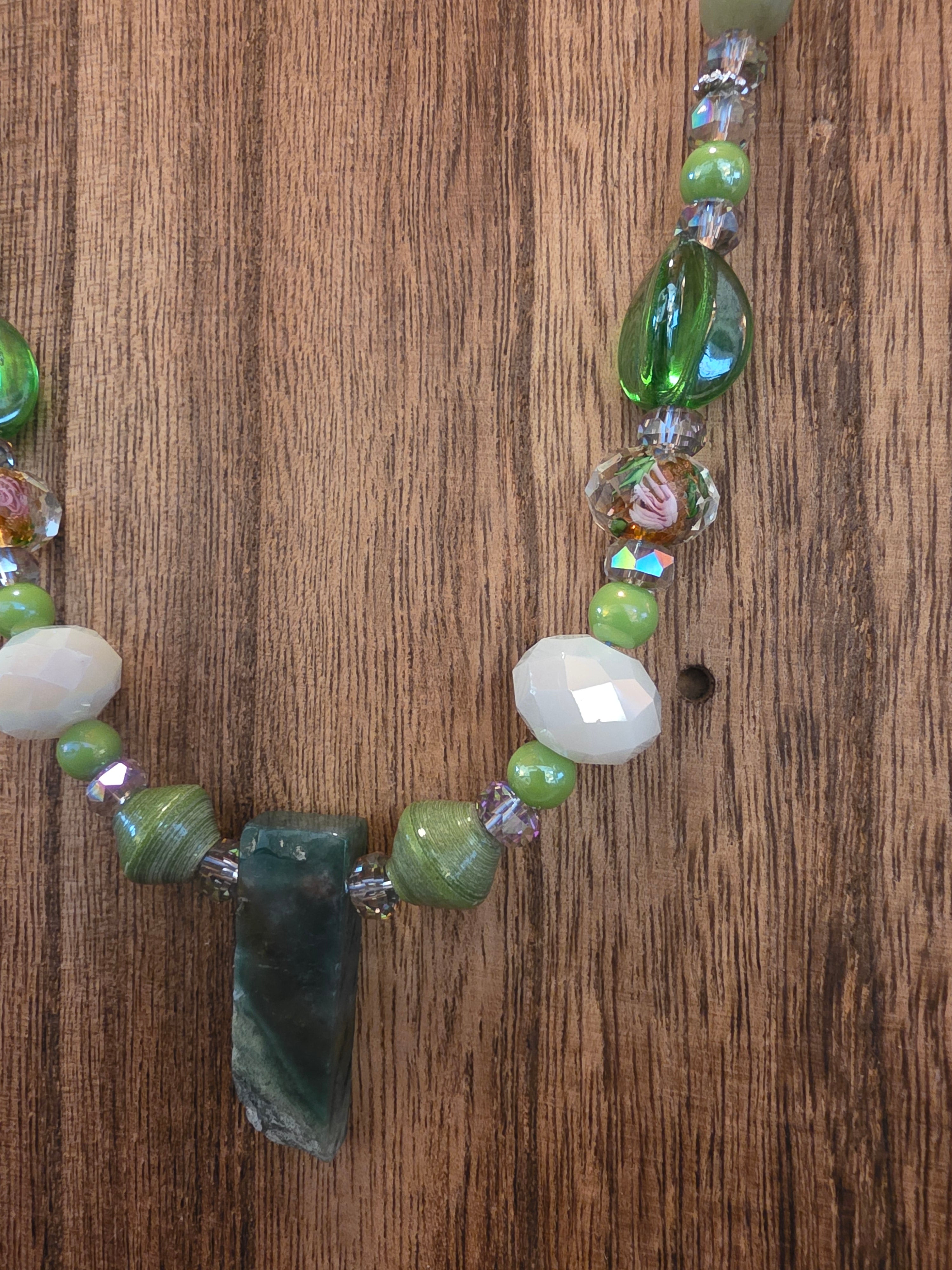 Moss Agate Slab Necklace Chinese Lampwork Roses & Jasper 21"