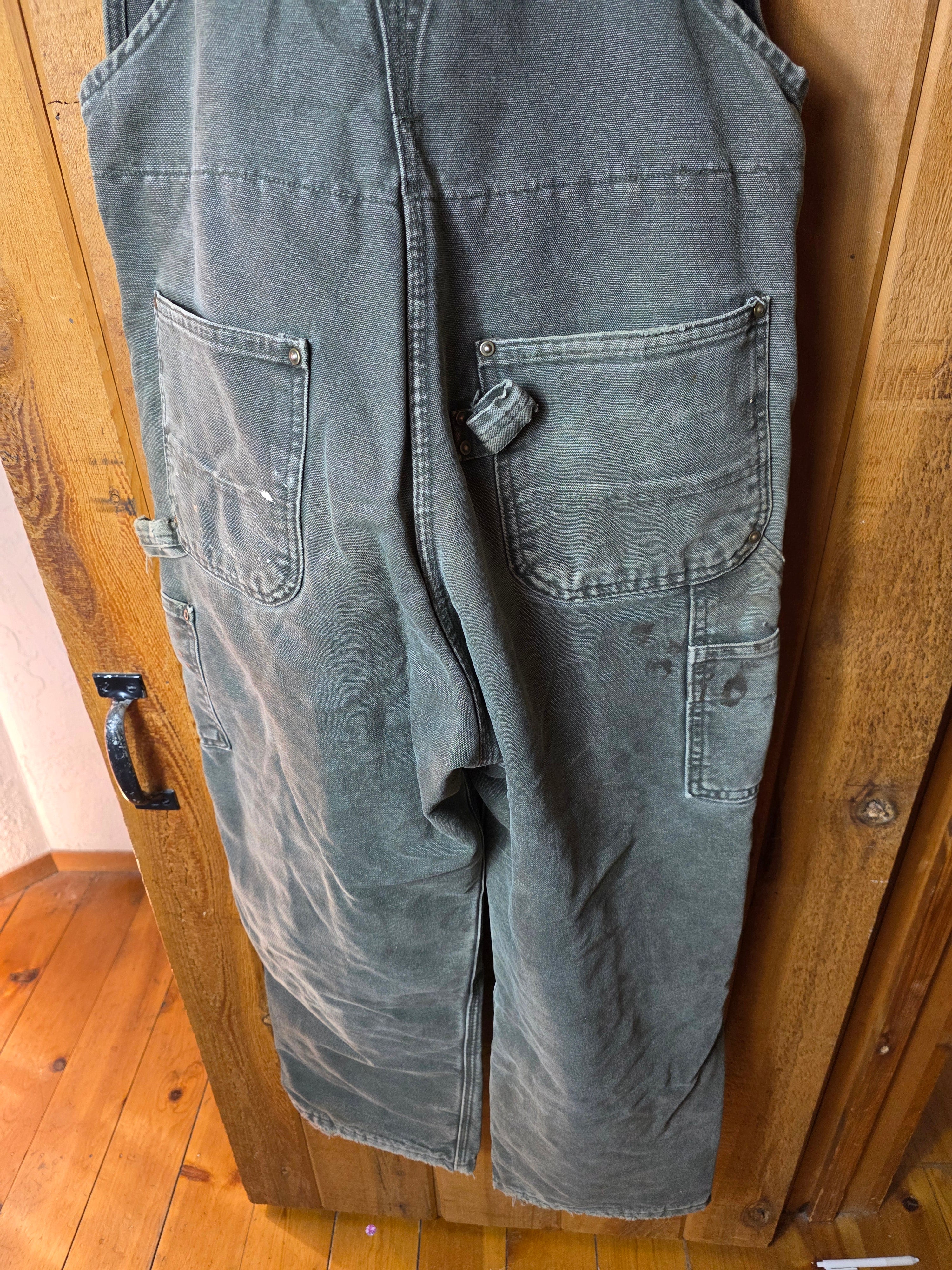 Vtg Carhartt Moss Green Double Knee Quilt Lined Bib Overalls