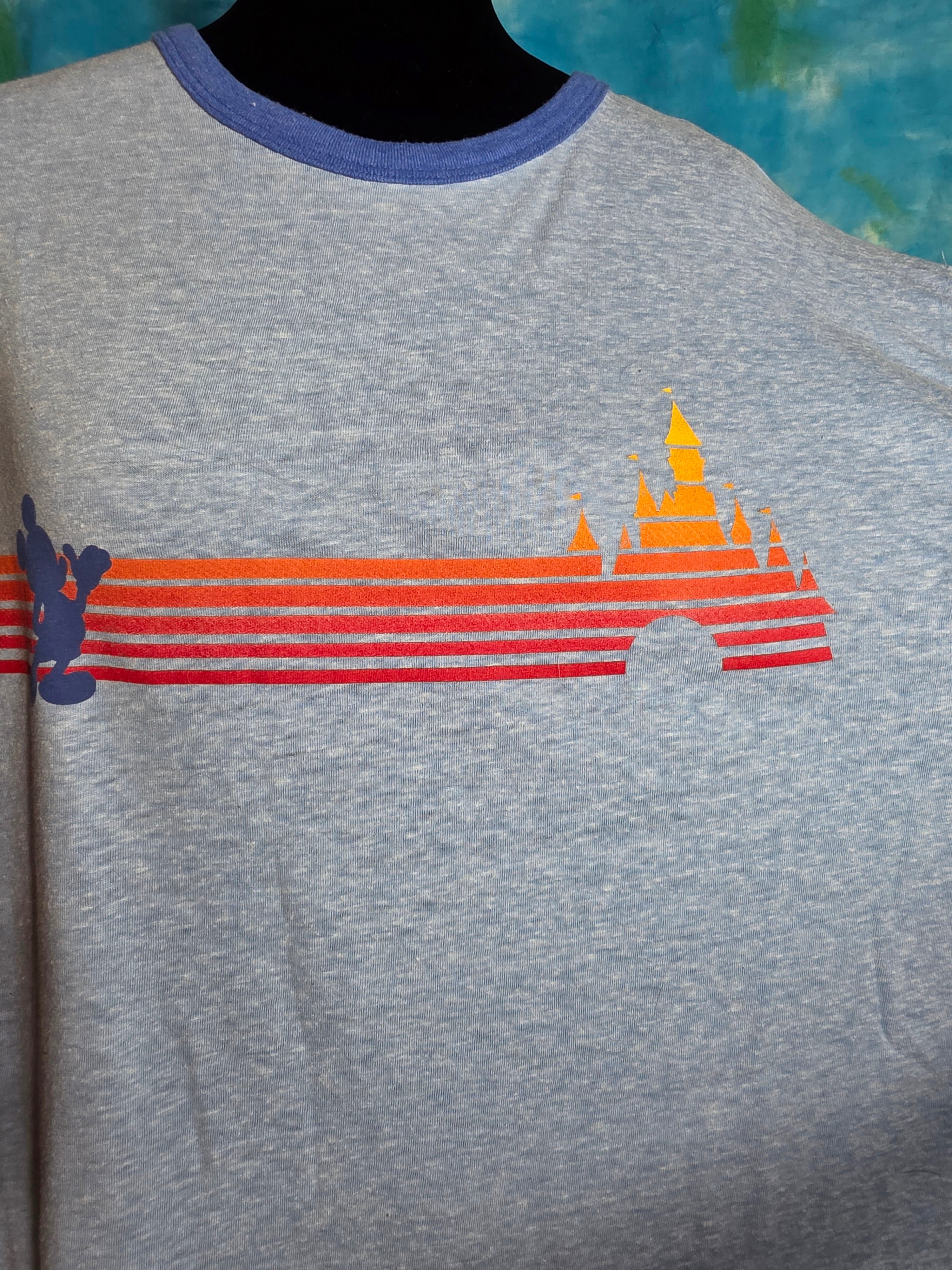 Disney Store XL Blue Ringer Tee Retro Rainbow Mickey Castle