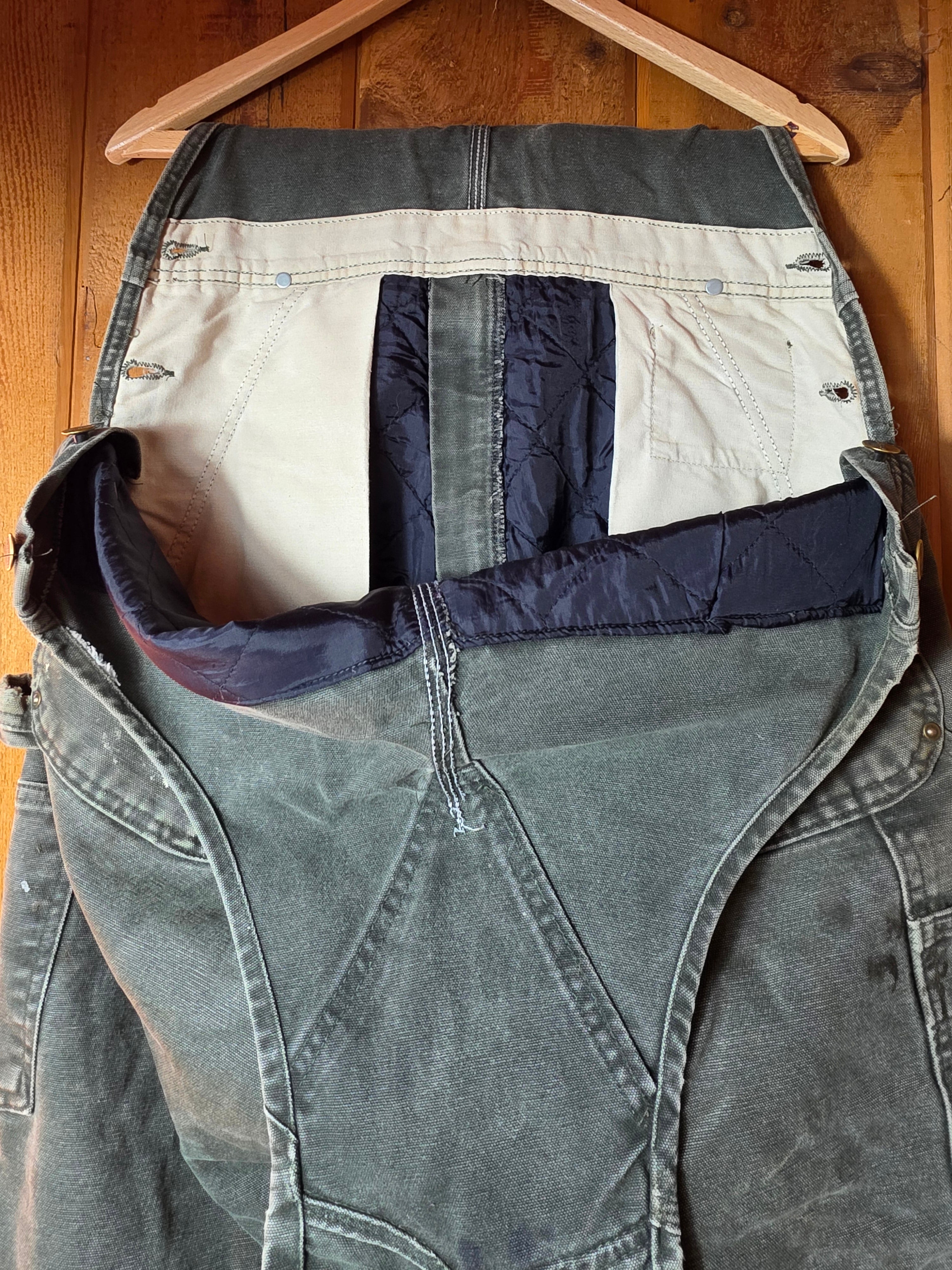 Vtg Carhartt Moss Green Double Knee Quilt Lined Bib Overalls