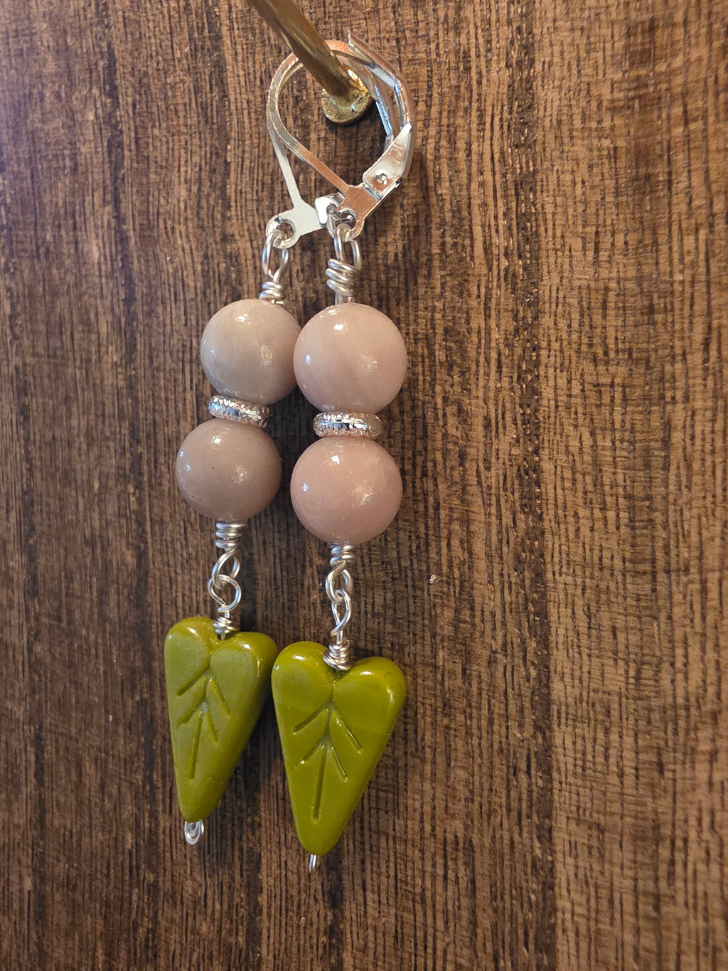 Vintage Pink Jasper & Green Leaf Glass Heart Drop Earrings