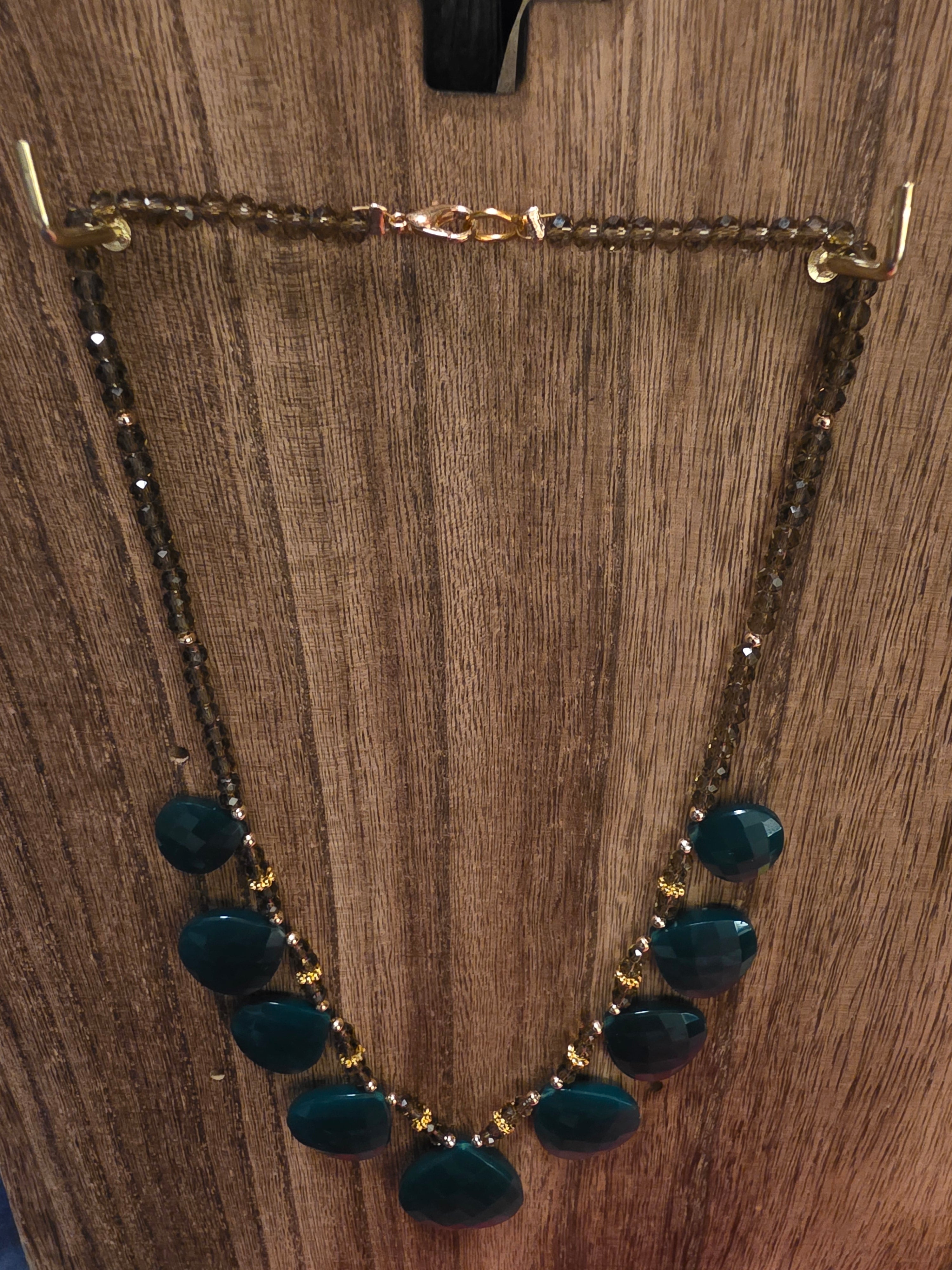 Faceted Smoky Quartz & Deep Teal Green Onxy Statement Necklace