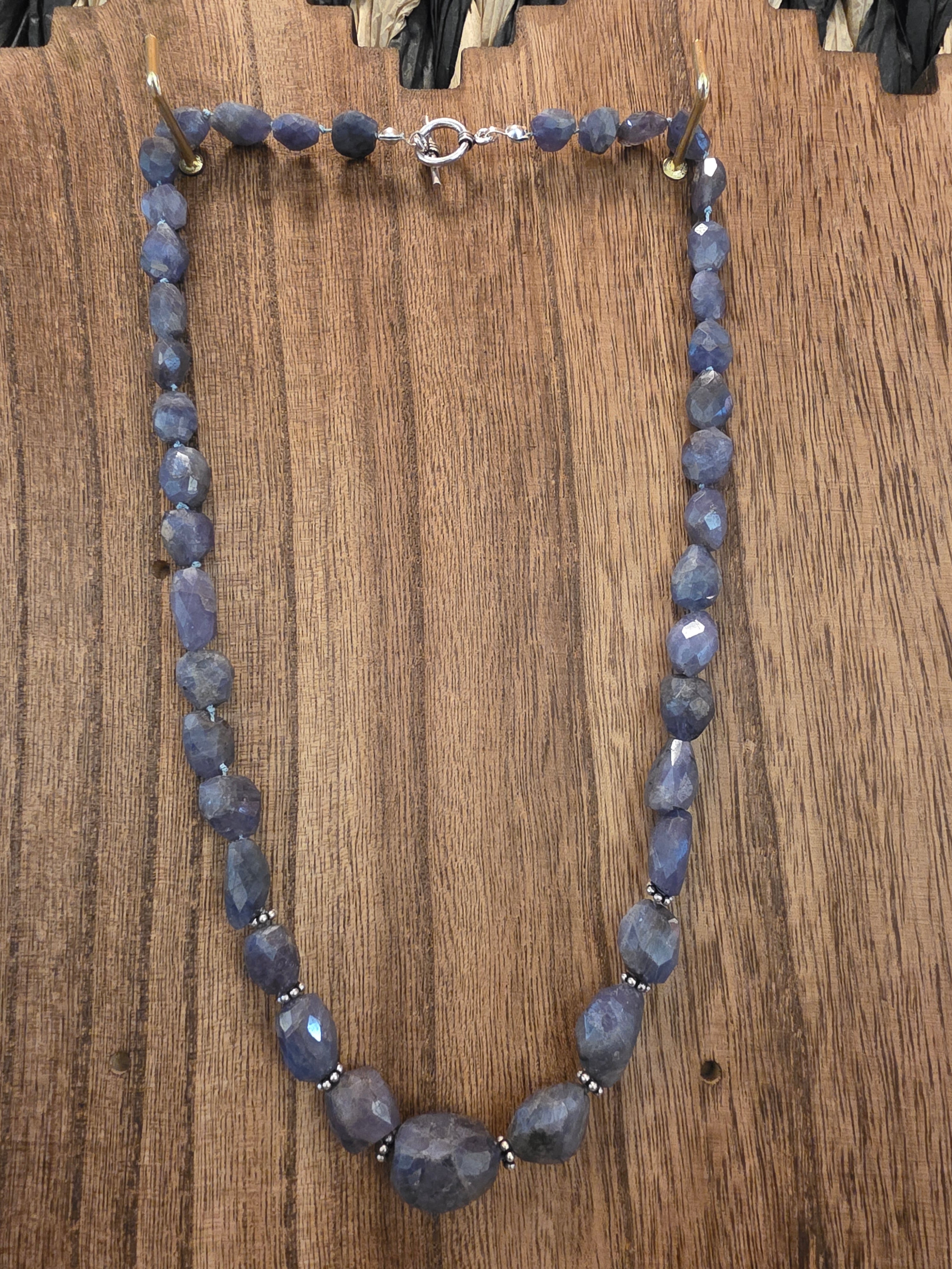 Faceted Tanzanite Silk Knotted Necklace 20" Silver Toggle Clasp