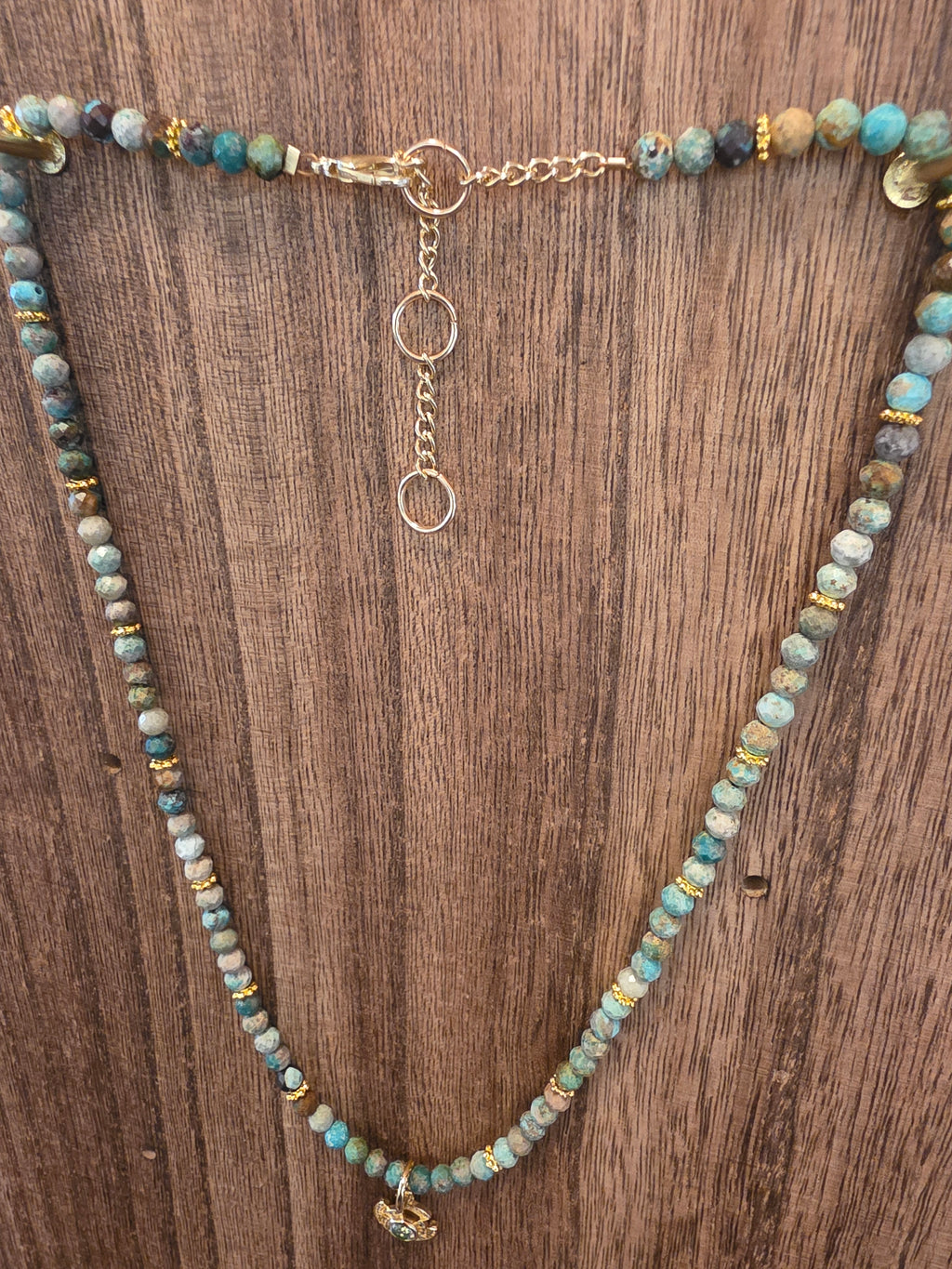 African Turquoise Faceted Beaded Necklace 17-19" Gold Tone Charm