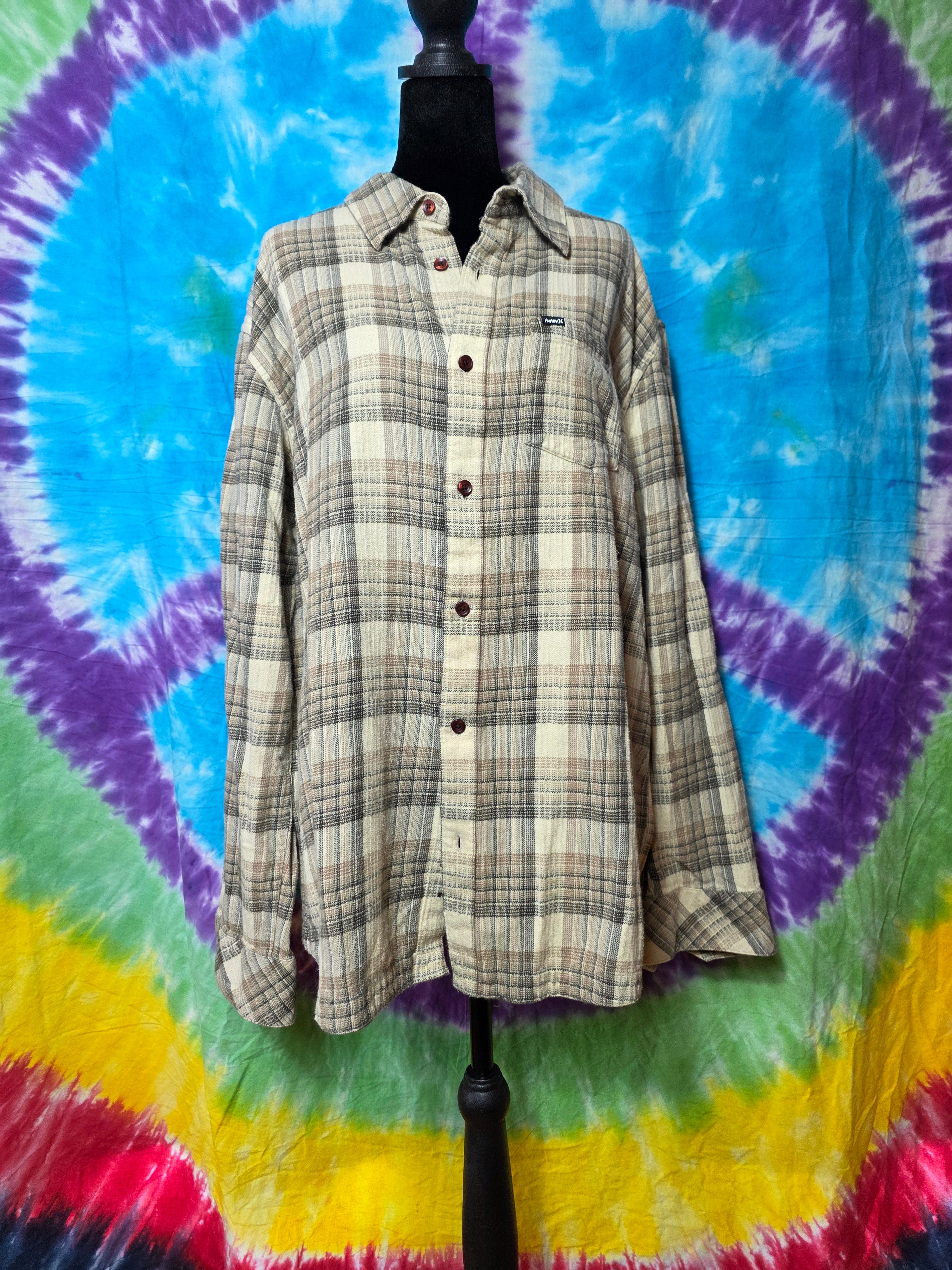 Hurley Men's XL Plaid Flannel Button Up Shirt Beige Brown