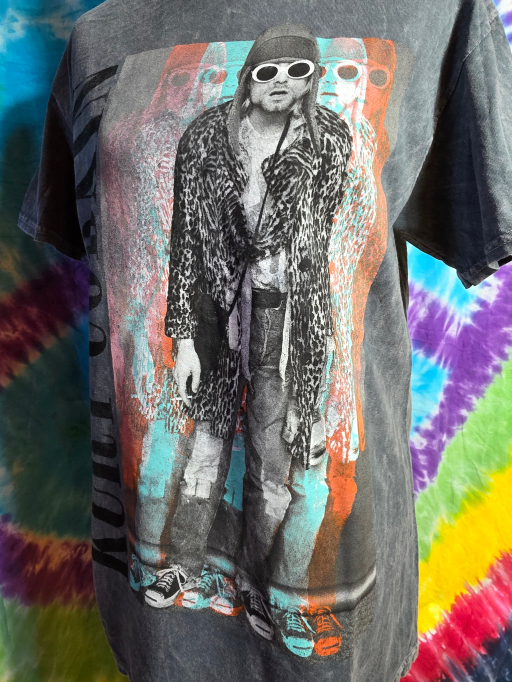 Kurt Cobain Nirvana Gray Mineral Wash Leopard Tee Size M