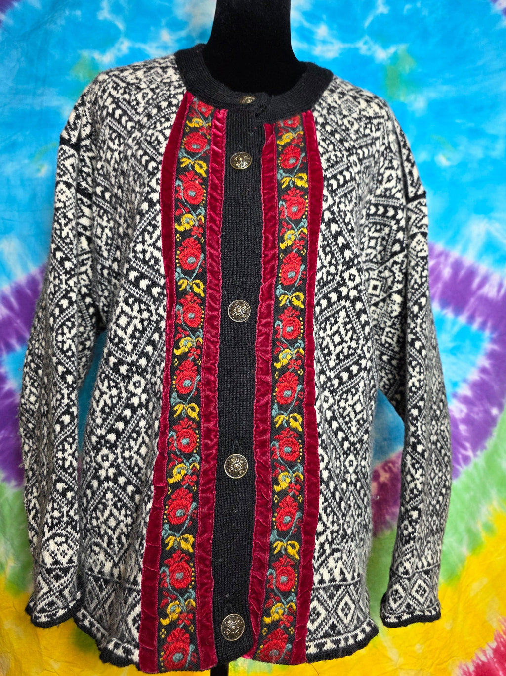 Vintage Norskwear Icelandic Pure Wool Cardigan Floral Trim L