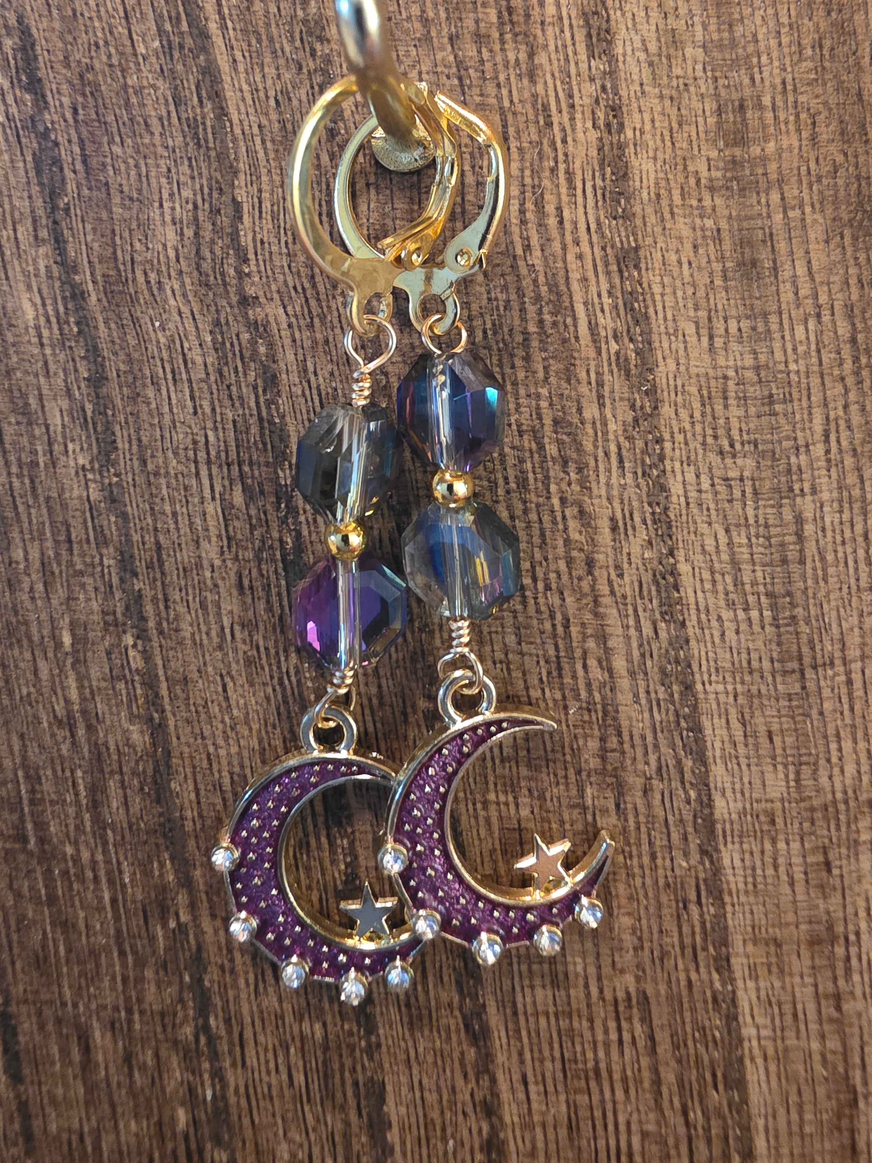 Celestial Purple Crescent Moon & Iridescent Crystal Earrings