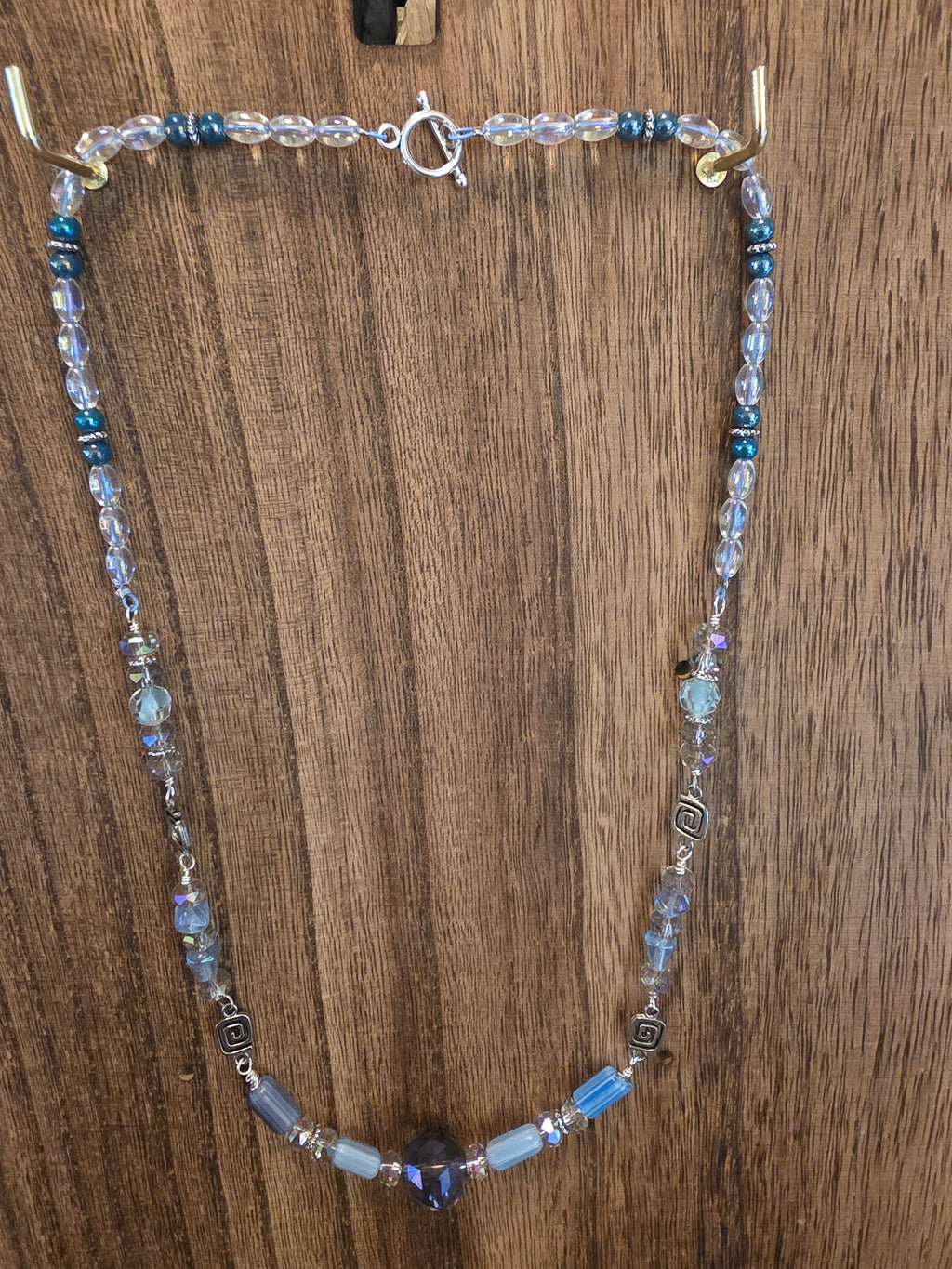21" Blue Glass Maze Bead Crystal Necklace Boho Silver Tone Clasp