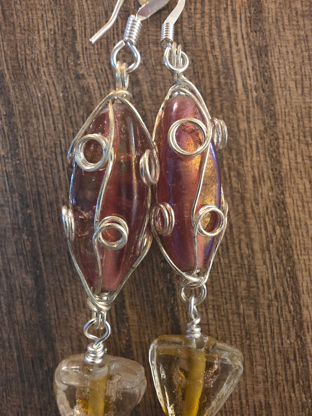 Vintage India Glass Wire Wrapped Statement Dangle Earrings