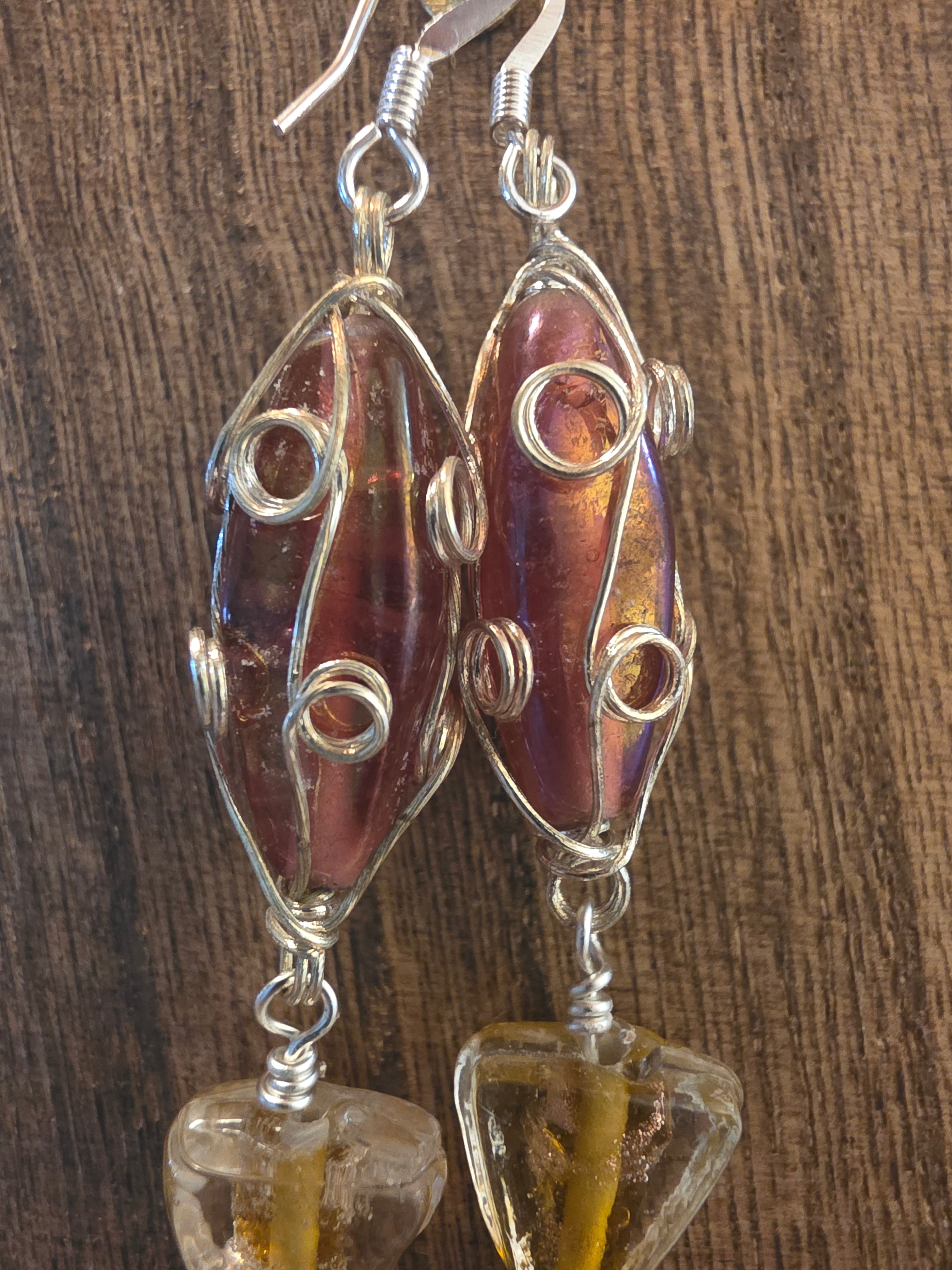 Vintage India Glass Wire Wrapped Statement Dangle Earrings