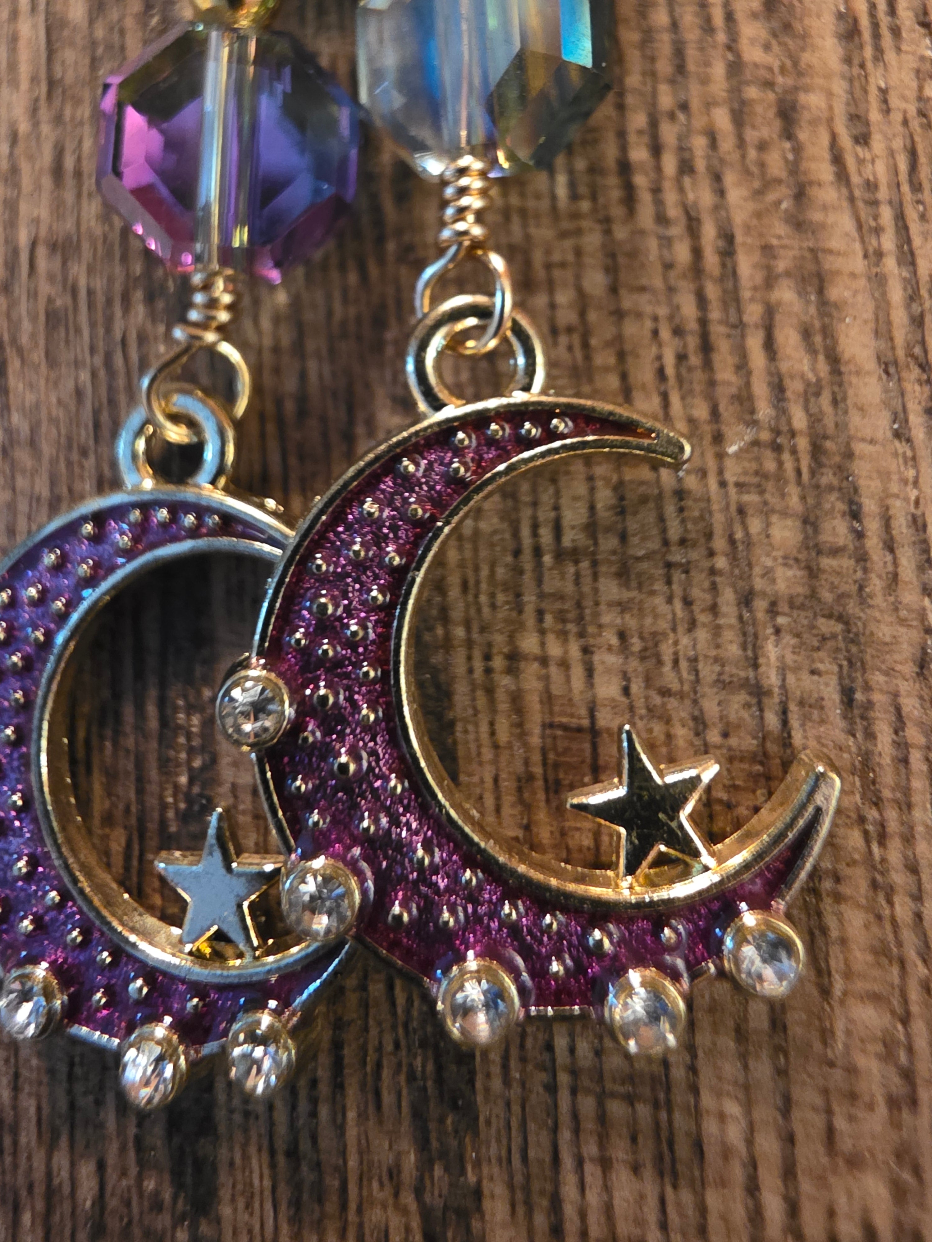 Celestial Purple Crescent Moon & Iridescent Crystal Earrings