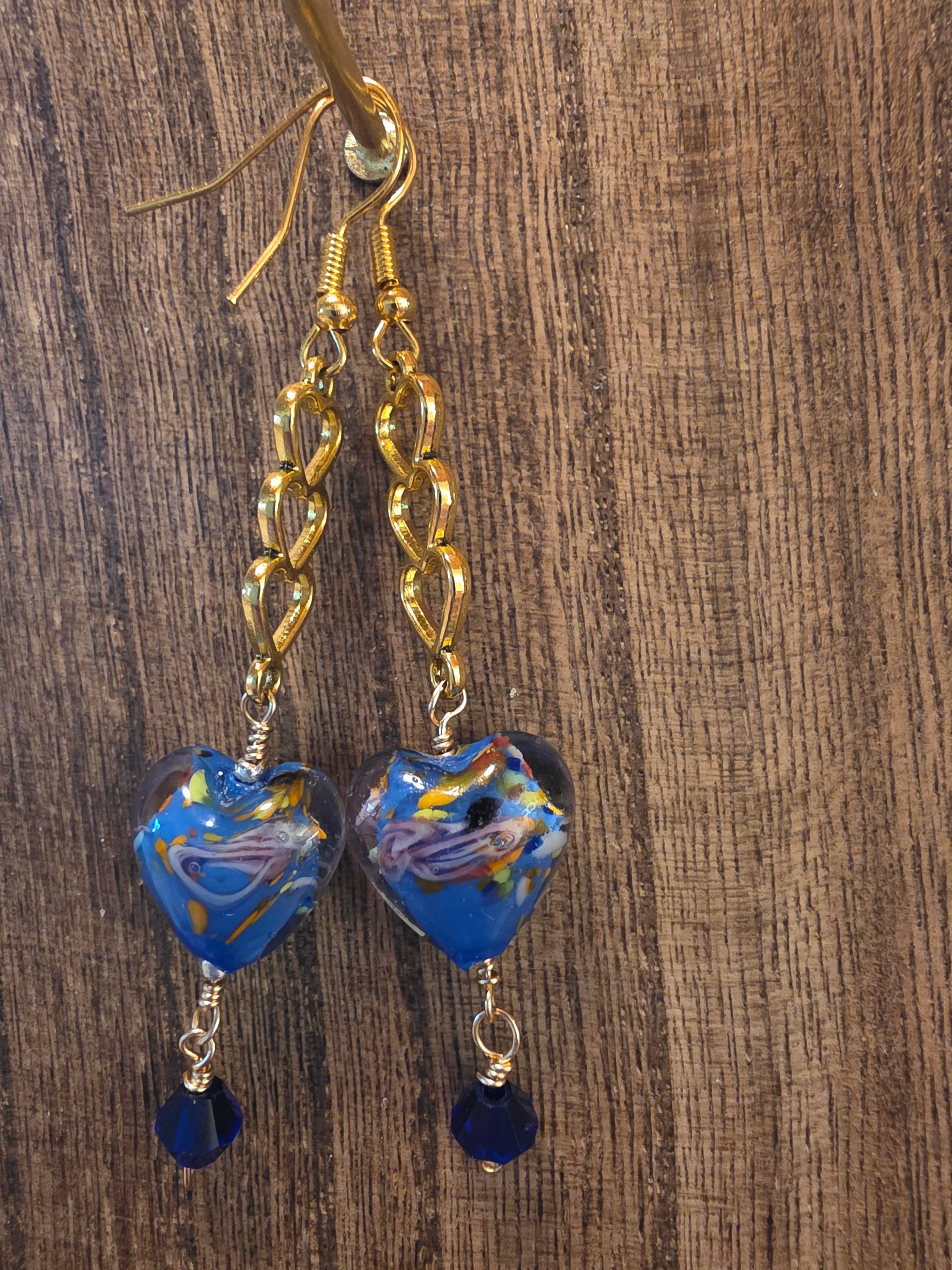 Blue Millefiori Heart & Gold Triple Heart Dangle Earrings