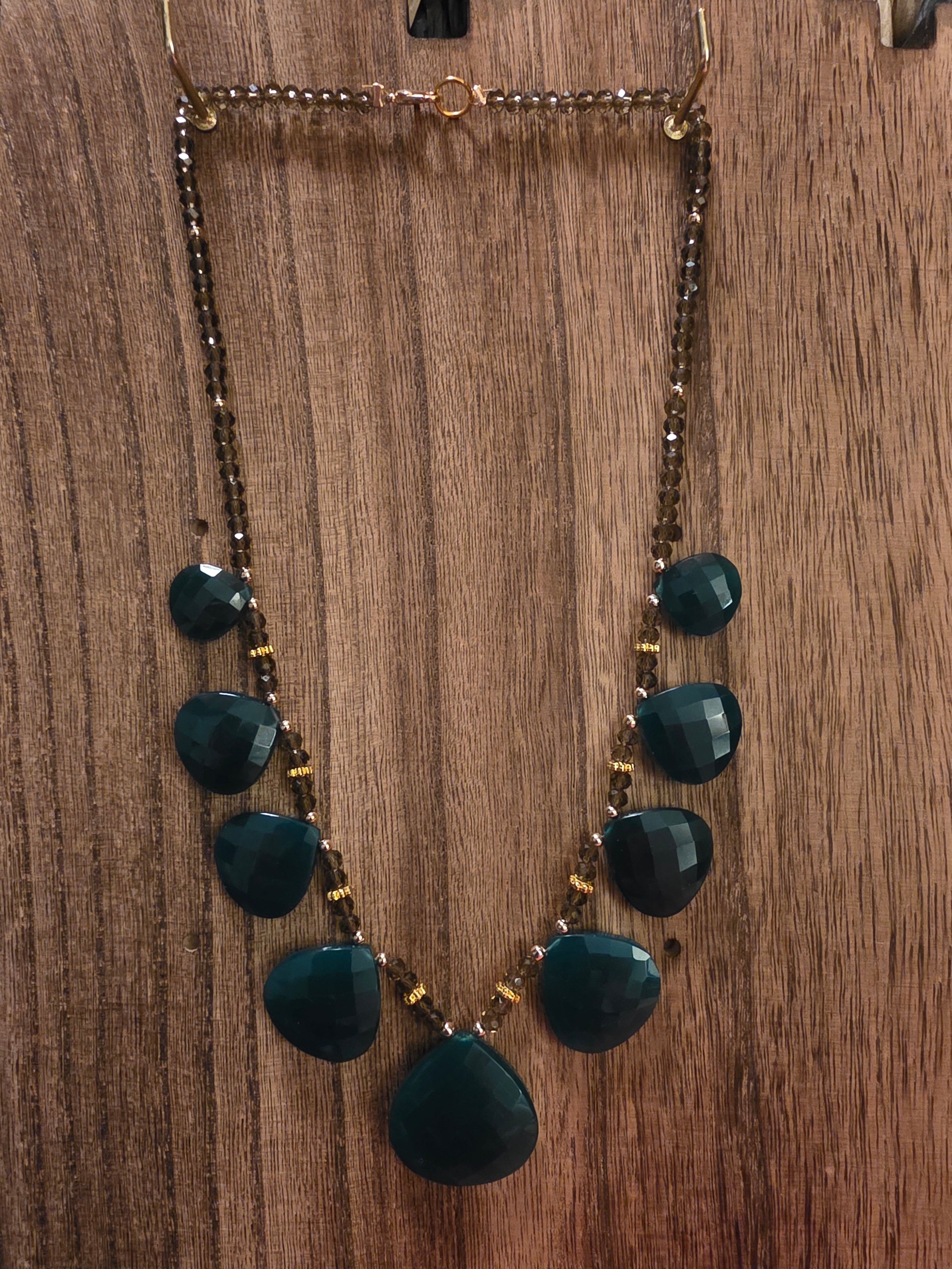 Faceted Smoky Quartz & Deep Teal Green Onxy Statement Necklace