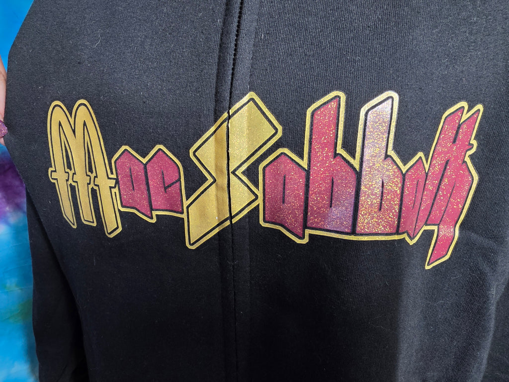 Mac Sabbath Glitter Graphic Black Zip Up Hoodie Size L NWOT