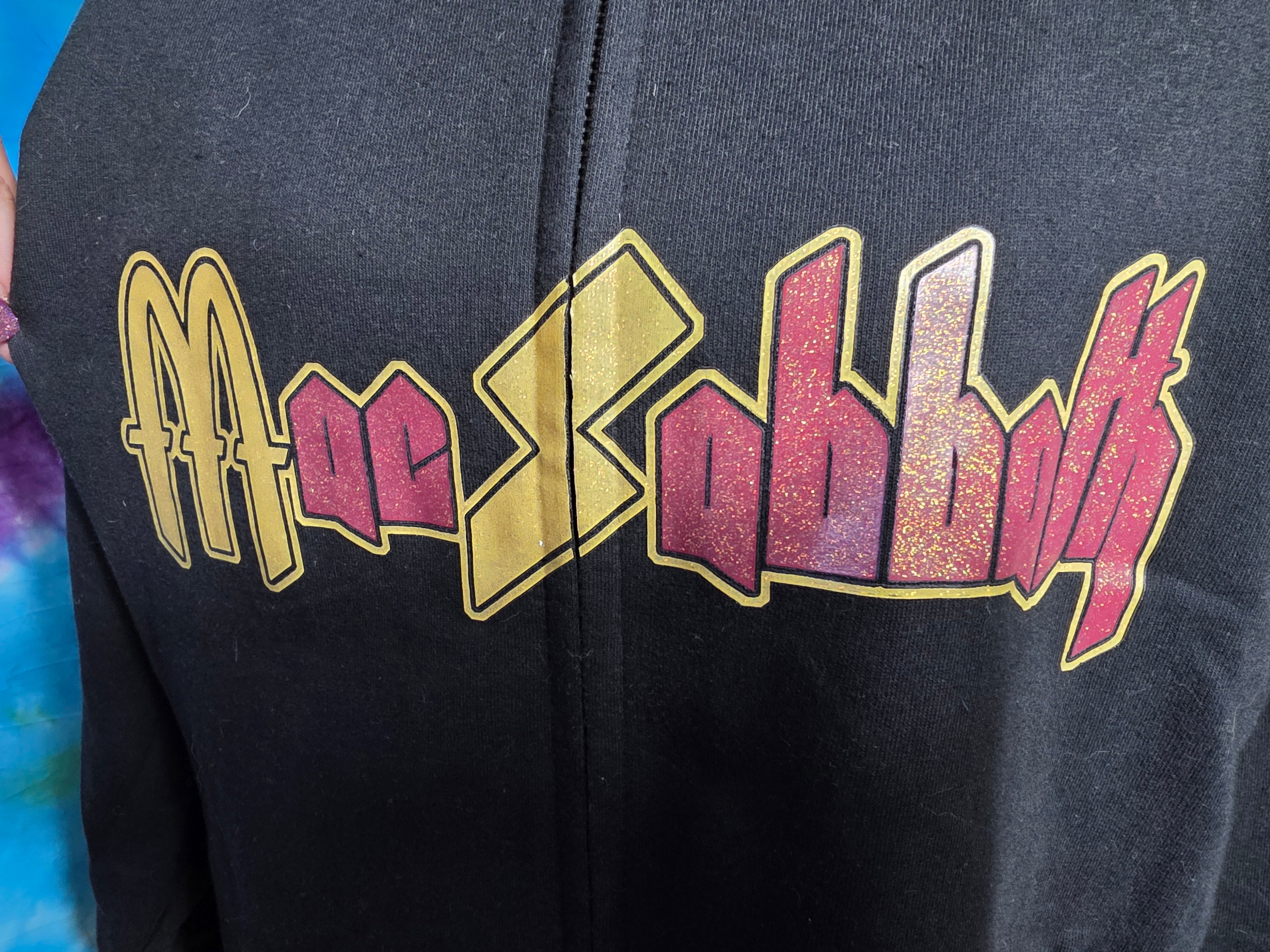 Mac Sabbath Glitter Graphic Black Zip Up Hoodie Size L NWOT
