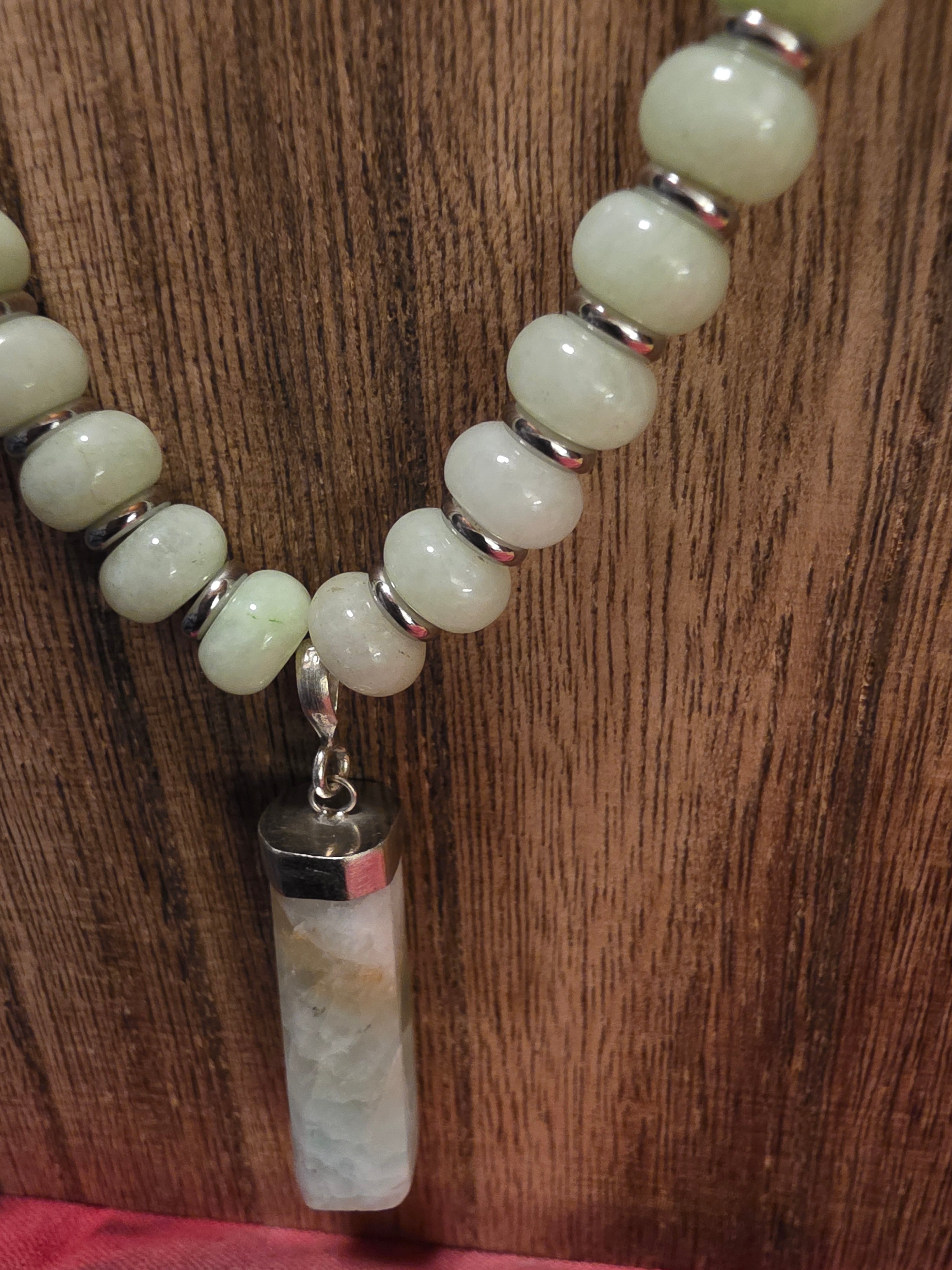 Handmade New Jade Beaded Necklace 21" Raw Quartz Crystal Point