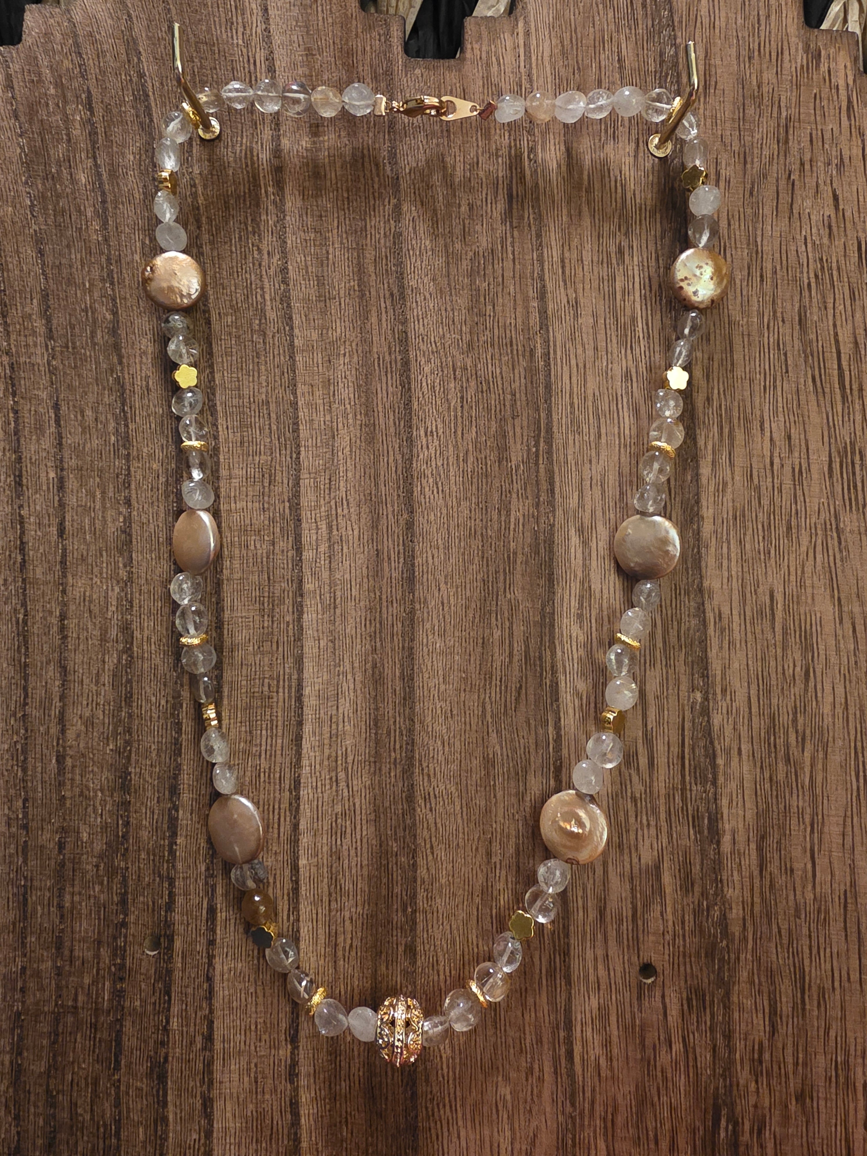 Artisan Gold Coin Pearl & Rutilated Quartz Necklace, 19"