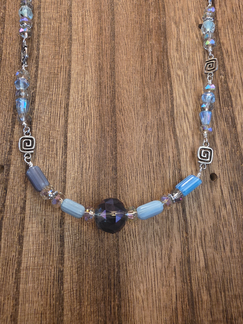 21" Blue Glass Maze Bead Crystal Necklace Boho Silver Tone Clasp