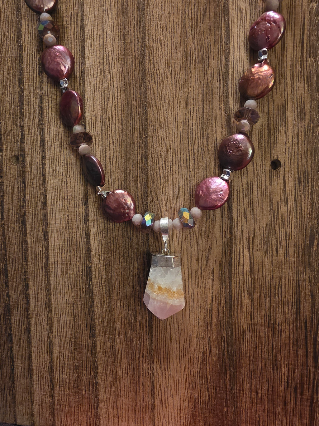 Artisan Mauve Coin Pearl & Quartz Crystal Necklace, 20"