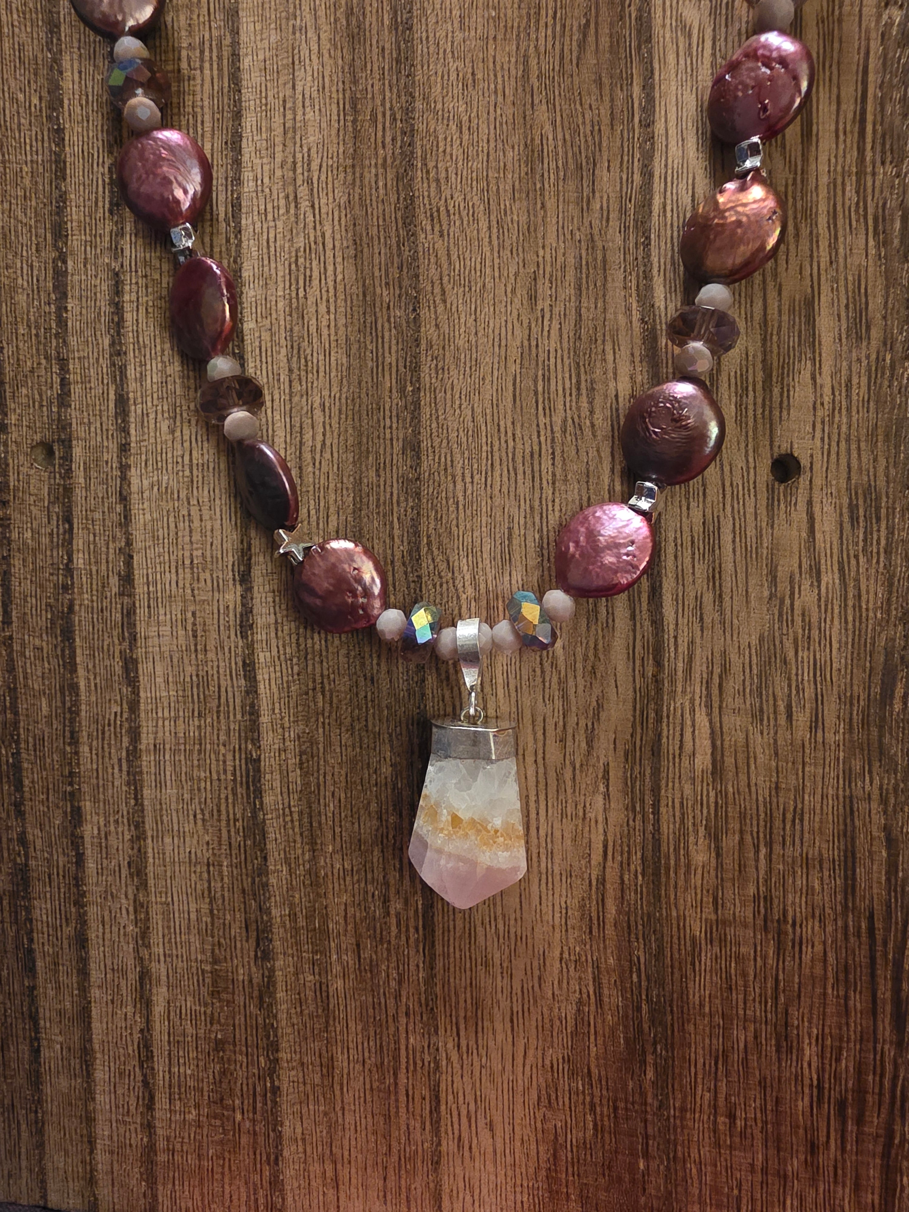 Artisan Mauve Coin Pearl & Quartz Crystal Necklace, 20"