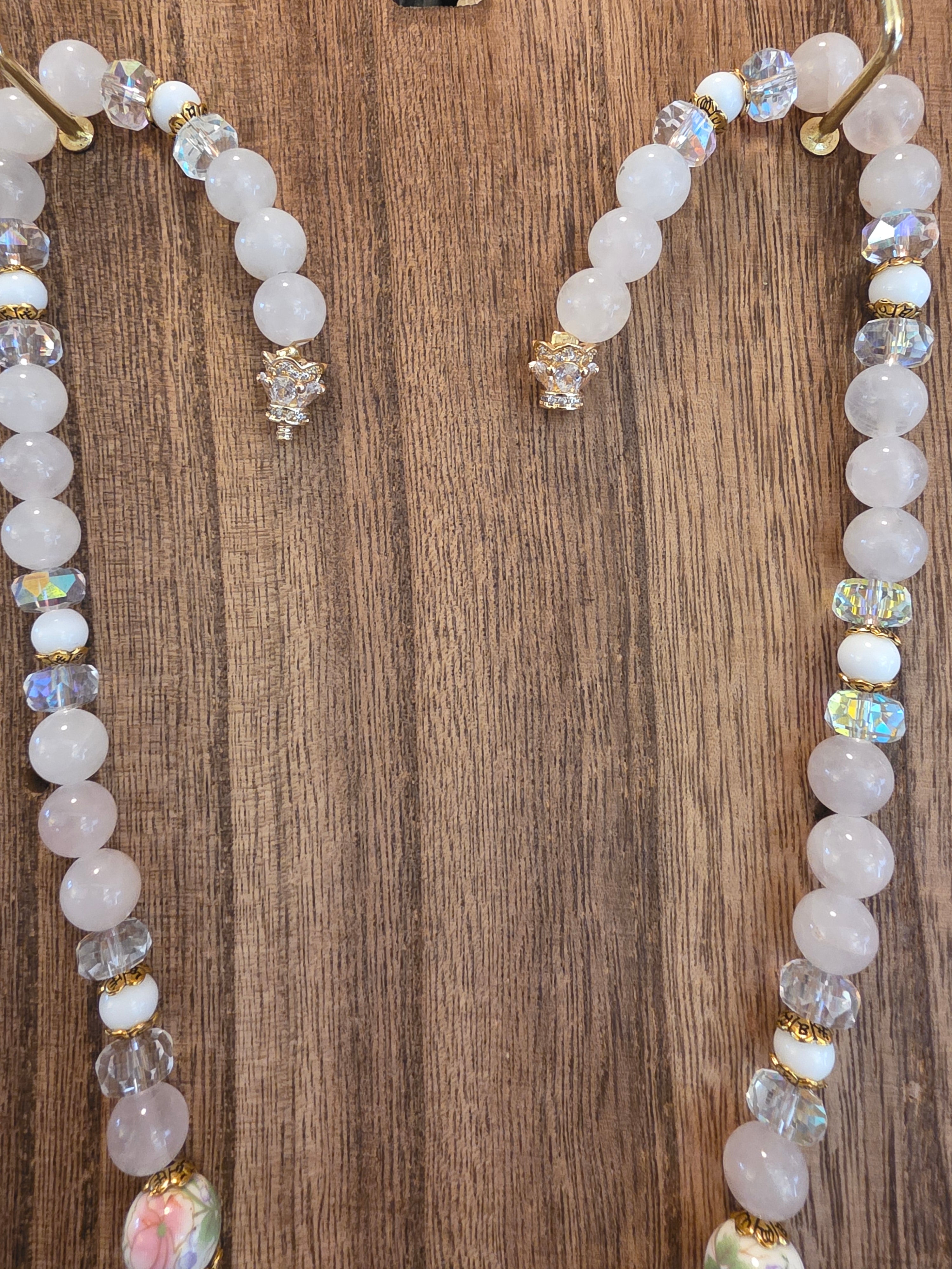 14k Gold Plated 19" Rose Quartz & Floral Porcelain Bead Necklace