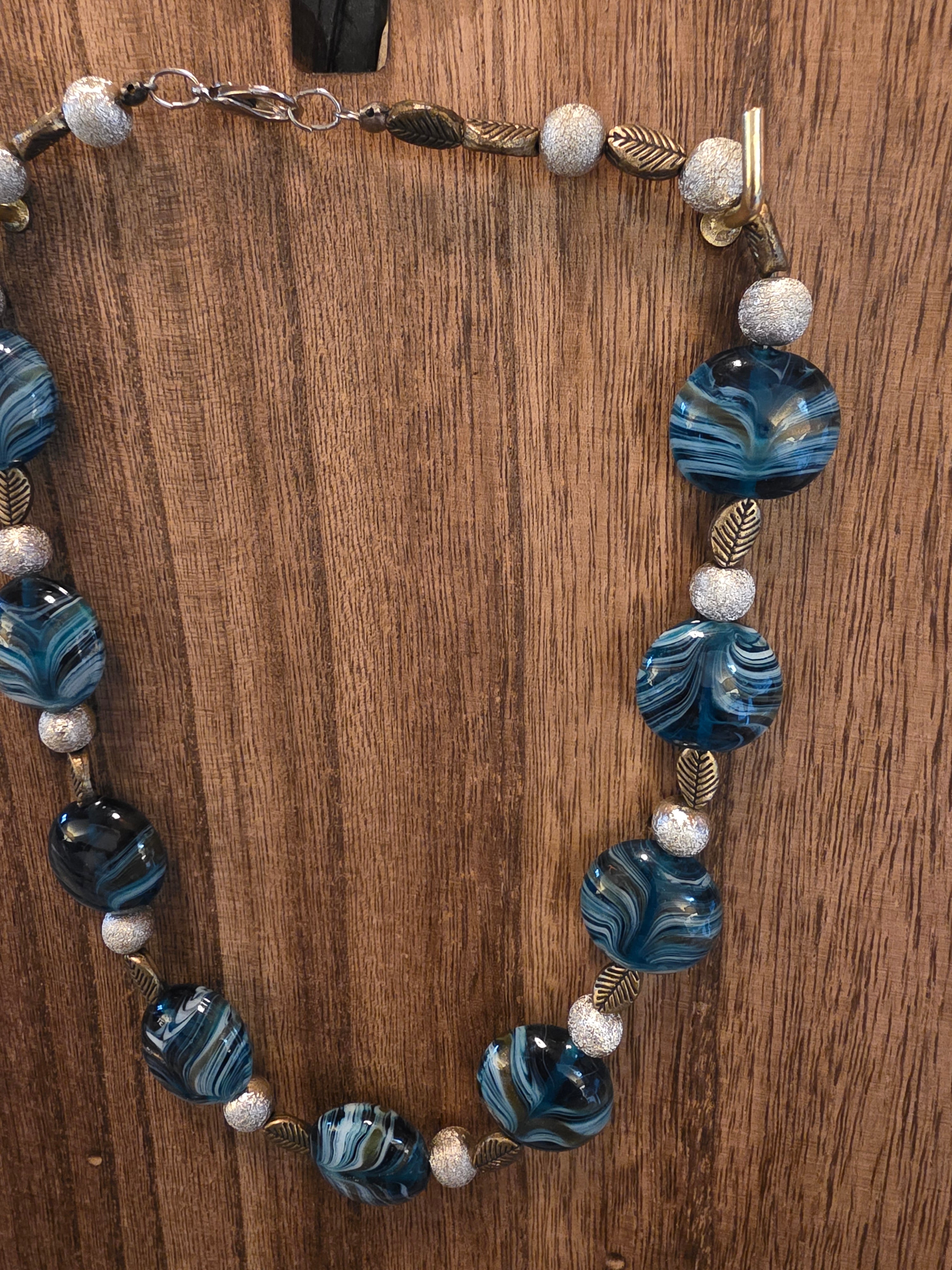 Blue Swirl Art Glass Beaded Necklace 18" Bronze Leaf Accents