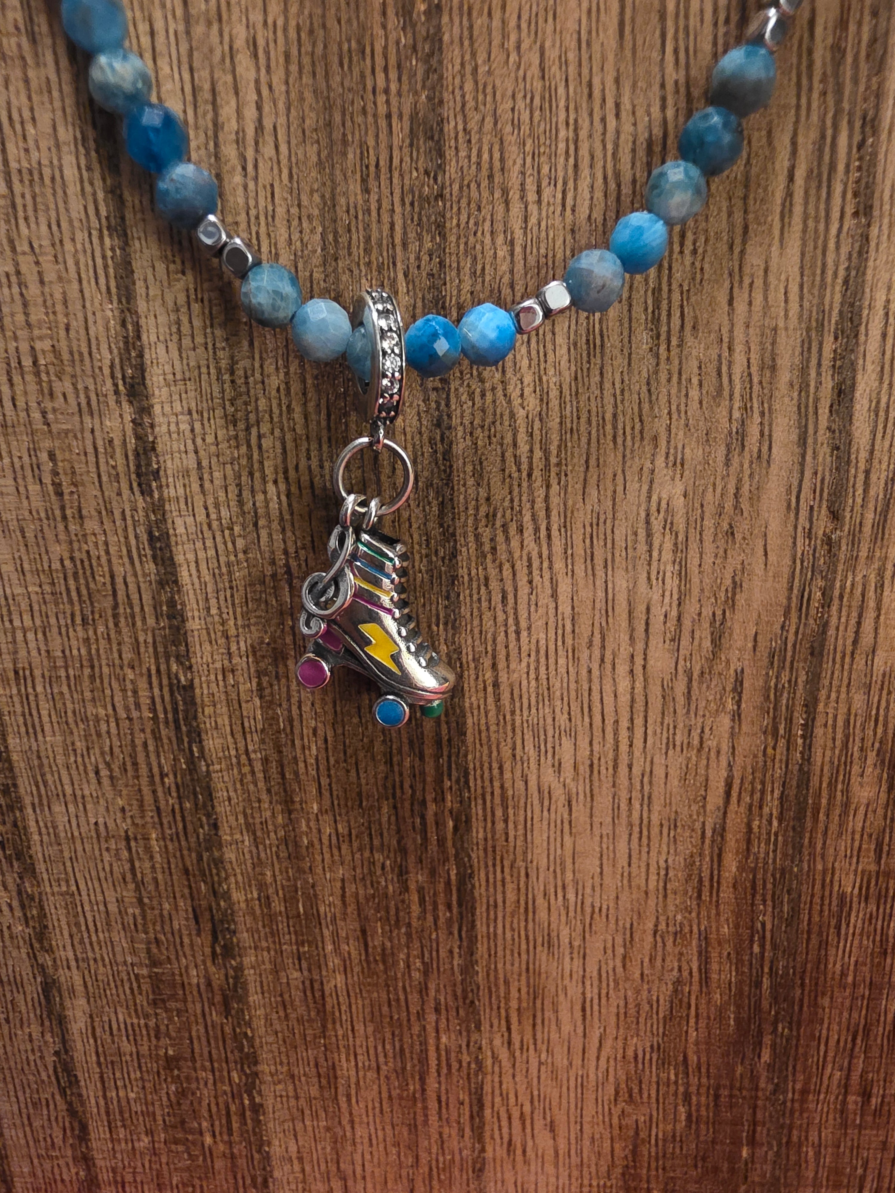 Handmade Azurite Beaded Necklace 19" Retro Roller Skate Charm Blue