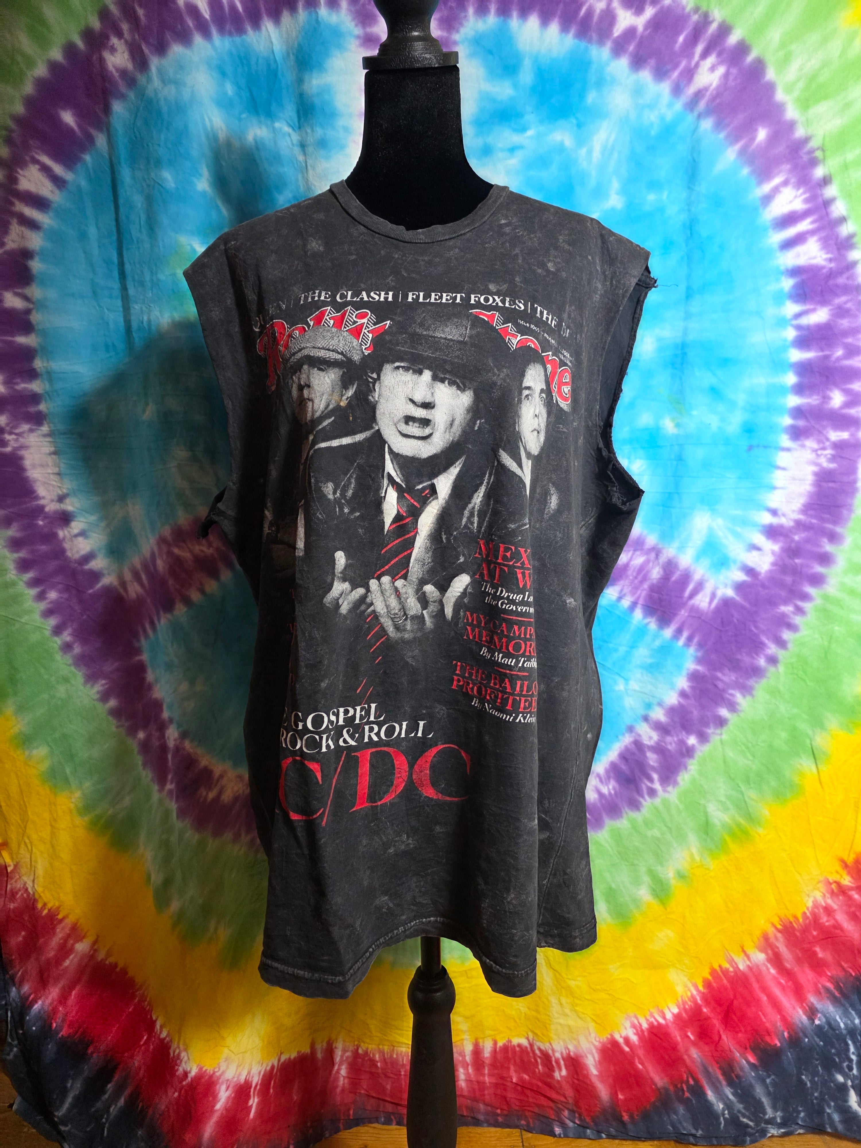 AC/DC Rolling Stone 2008 Cut Off Muscle Tee Acid Wash