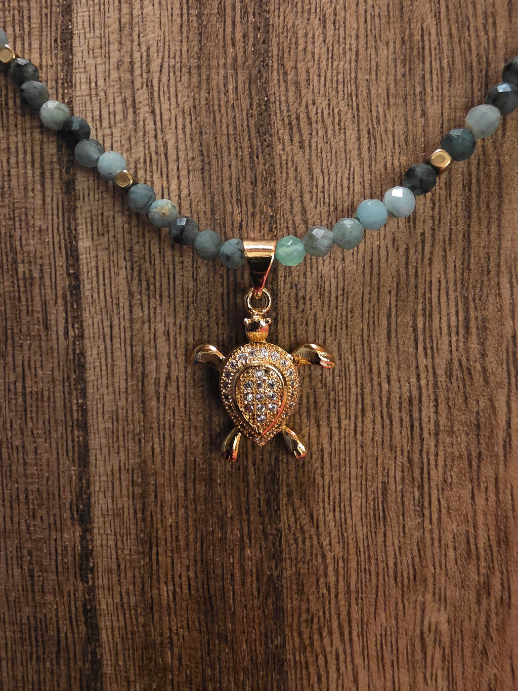 Handmade Faceted Emerald & Gold Rhinestone Turtle Necklace 17"