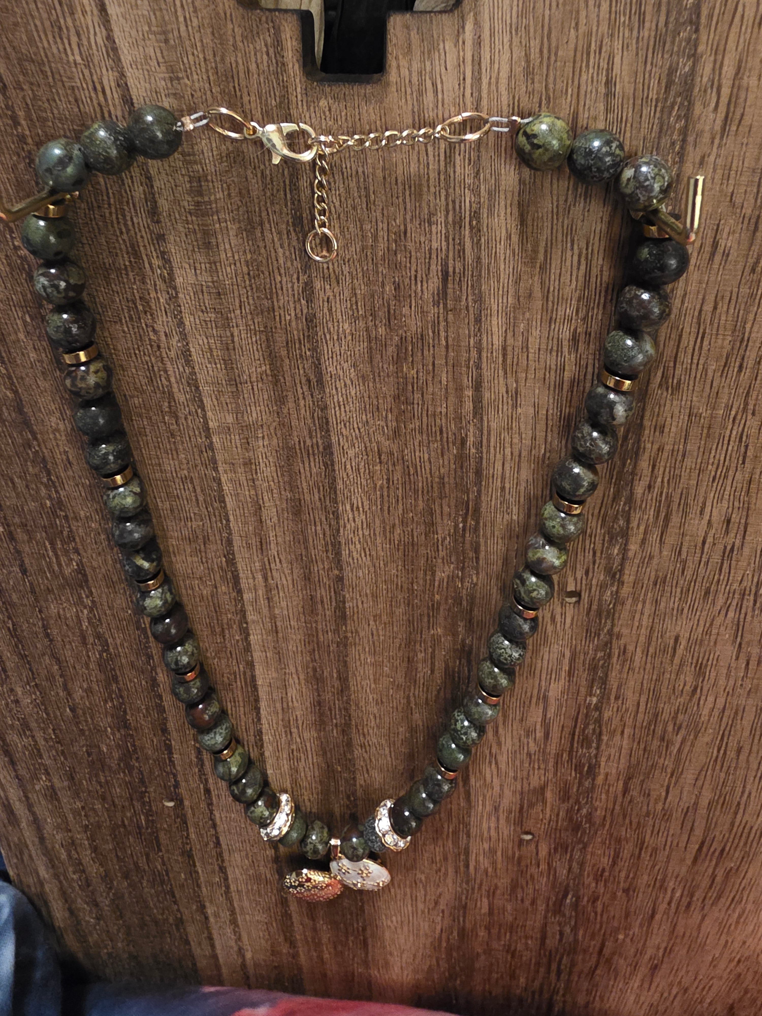 17" Green Epidote Necklace + 2" Ext w/ Floral Locket