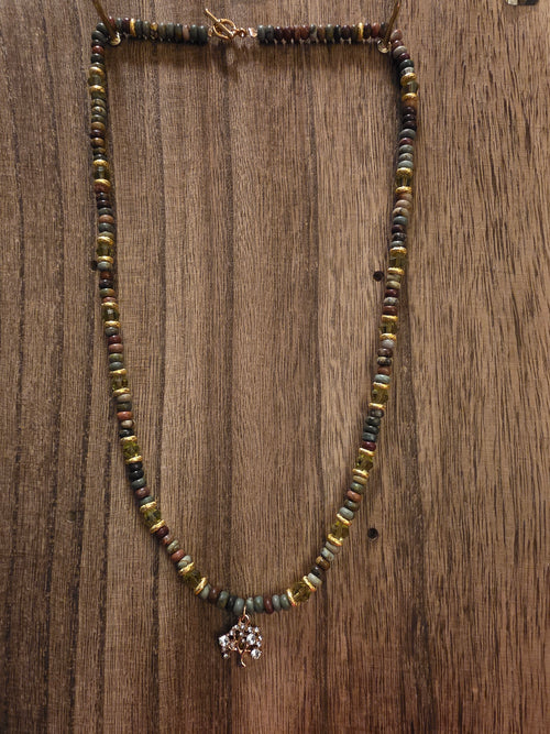 20" Tree of Life Earthy Jasper & Green Crystal Charm Necklace