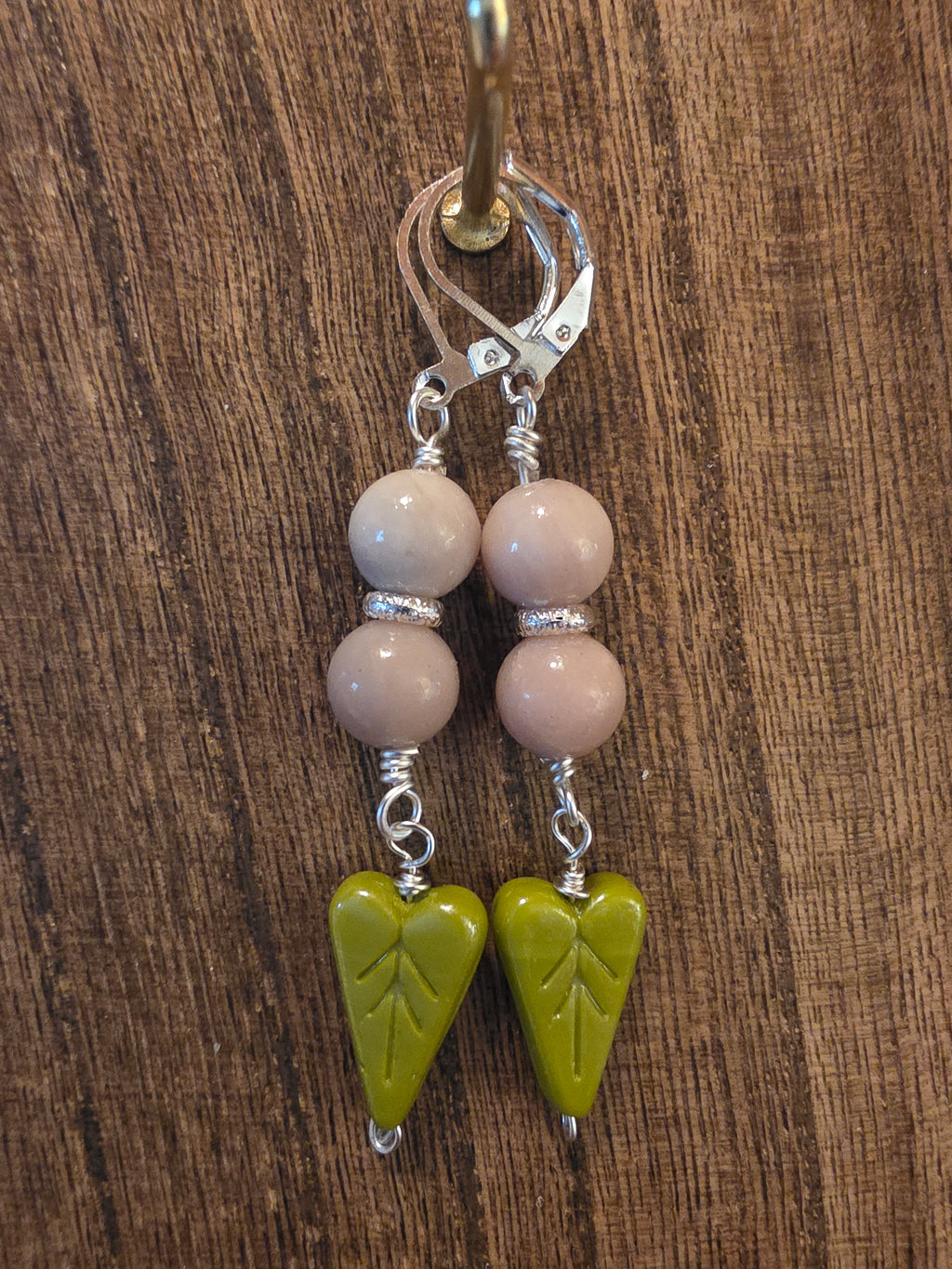 Vintage Pink Jasper & Green Leaf Glass Heart Drop Earrings