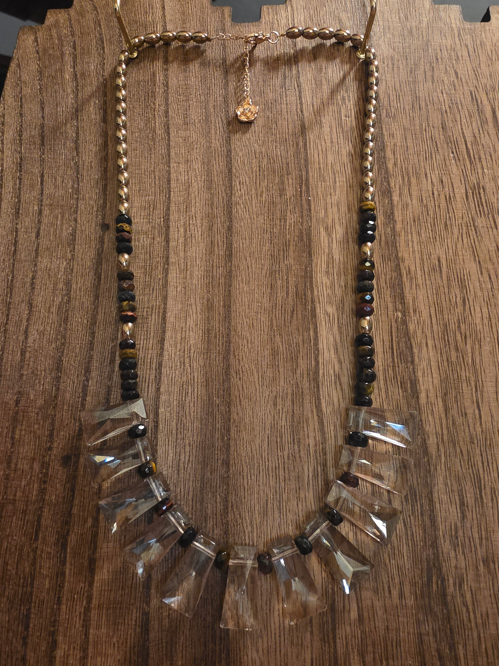 Tiger Eye & Crystal Fan Statement Necklace 20"-22" Boho