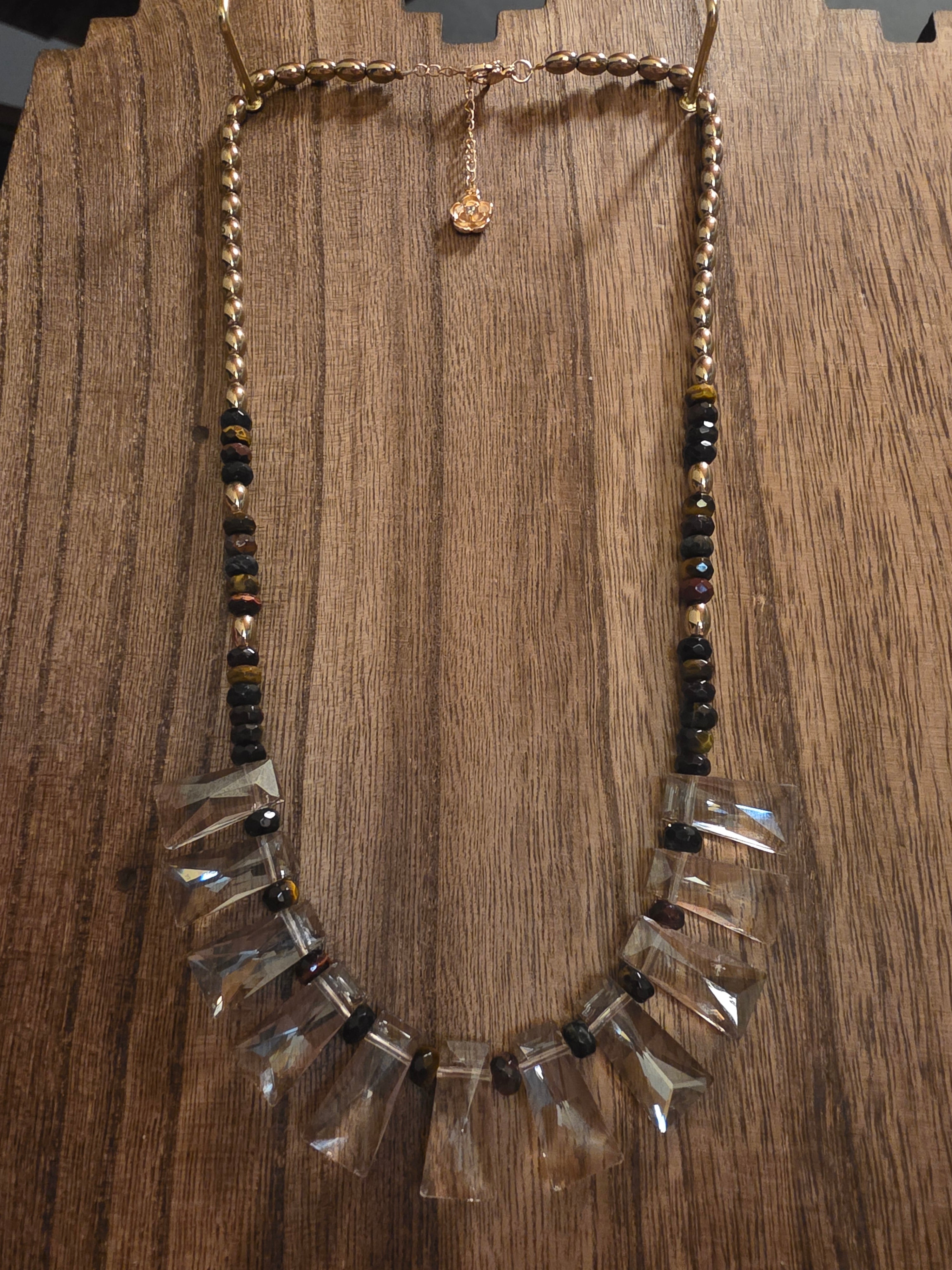 Tiger Eye & Crystal Fan Statement Necklace 20"-22" Boho