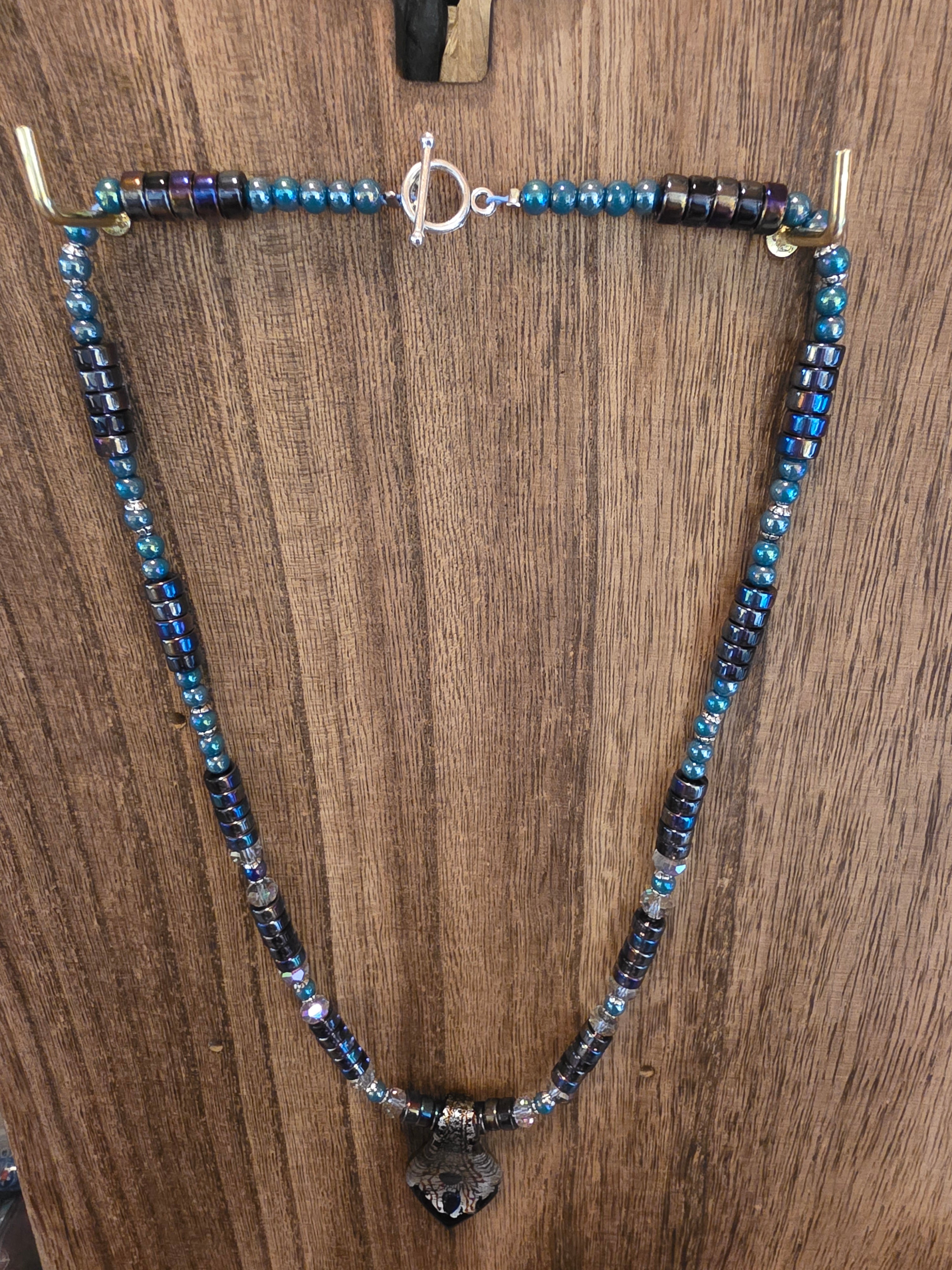 Dichroic Art Glass Pendant Necklace Purple AB Heshi Beads 19"