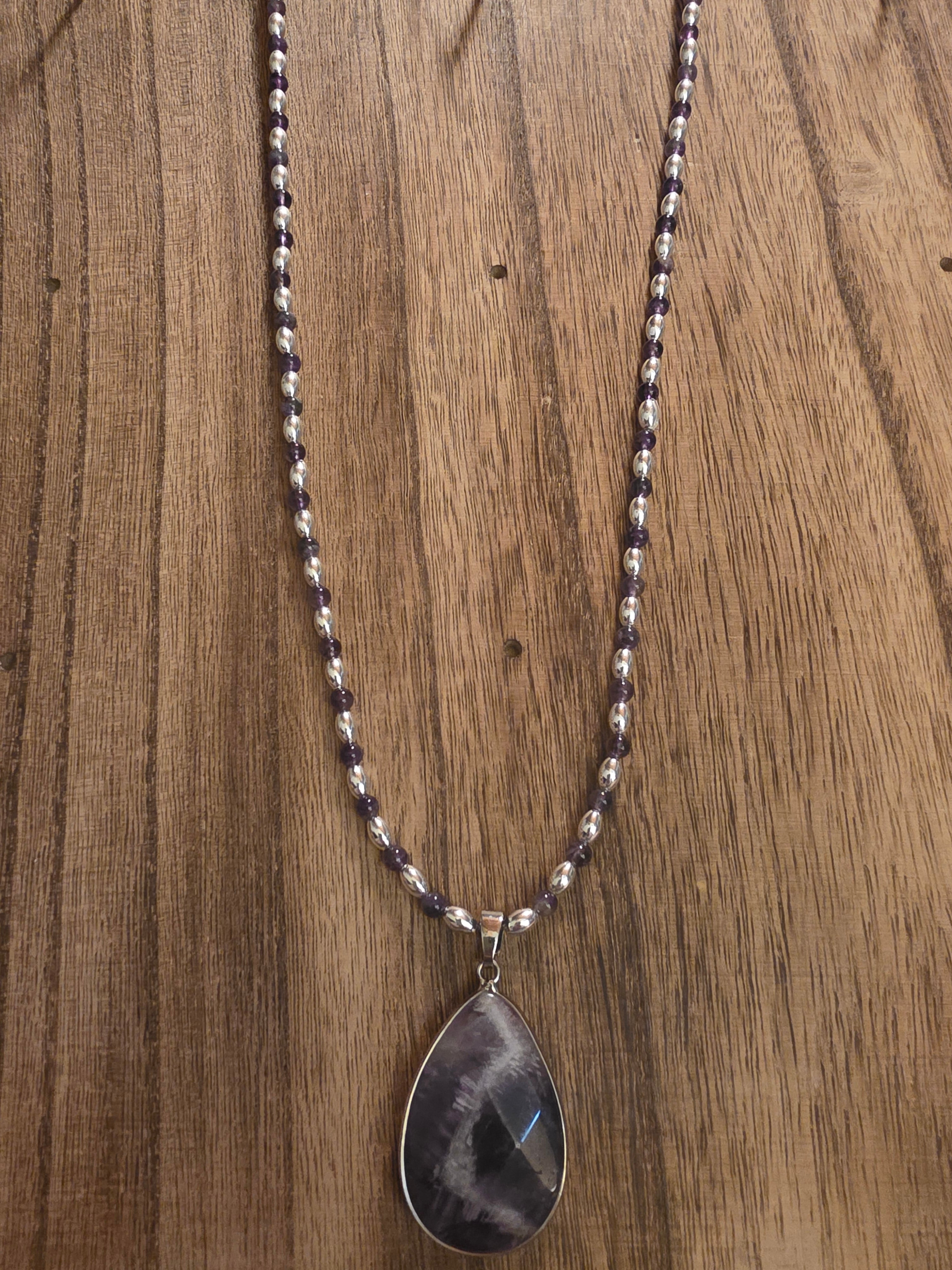 Vintage Amethyst Teardrop Pendant Beaded Necklace 24"